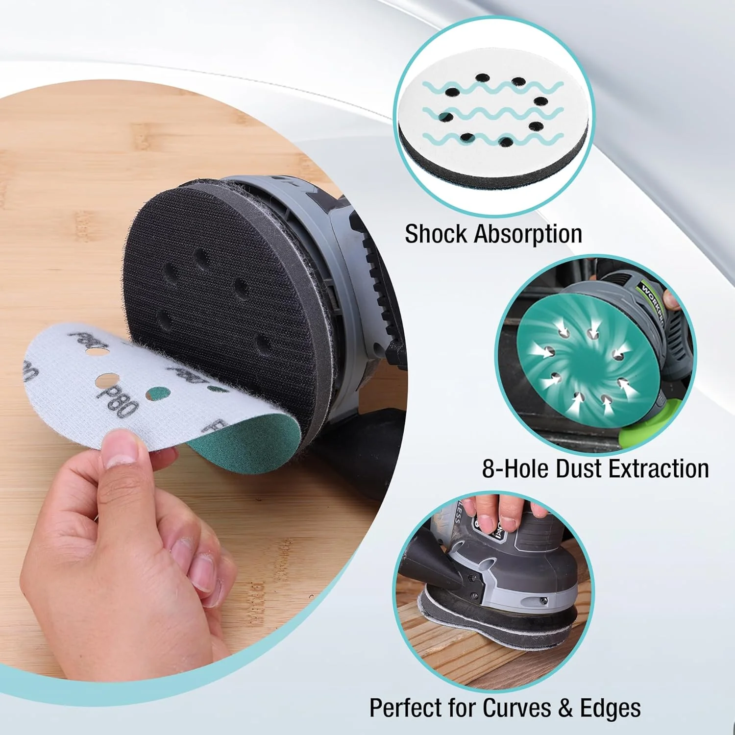 WORKPRO 5 Inch Orbital Sander Interface Pads and Sanding Discs, 3 Foam Buffer Pads & 3 Grit Sandpaper (80/120/240), 8 Hole Hook and Loop Soft Cushion Sponge Backing for Sander - Image 4