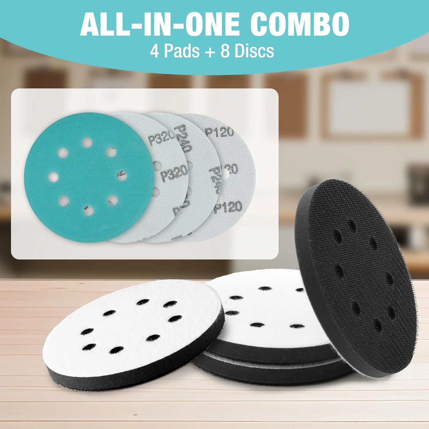 WORKPRO 5 Inch Orbital Sander Interface Pads and Sanding Discs, 4 Foam Buffer Pads & 8 Grit Sandpaper (80/120/240/320), 8 Hole Hook and Loop Soft Cushion Sponge Backing for Sander - Image 2