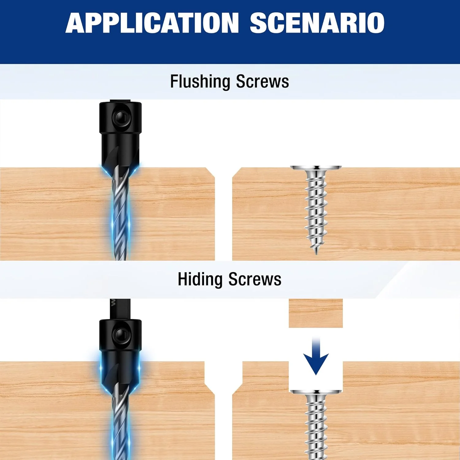 WORKPRO 5-Pack Countersink Drill Bit Set, #4, #6, #8, #10,#12, M2 HSS, 4-Flute Design, Adjustable with Included Hex Key, Ideal for Woodworking & Metal Drilling - Image 3