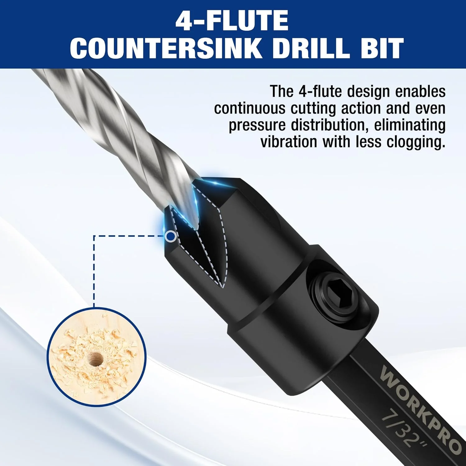 WORKPRO 5-Pack Countersink Drill Bit Set, #4, #6, #8, #10,#12, M2 HSS, 4-Flute Design, Adjustable with Included Hex Key, Ideal for Woodworking & Metal Drilling - Image 5