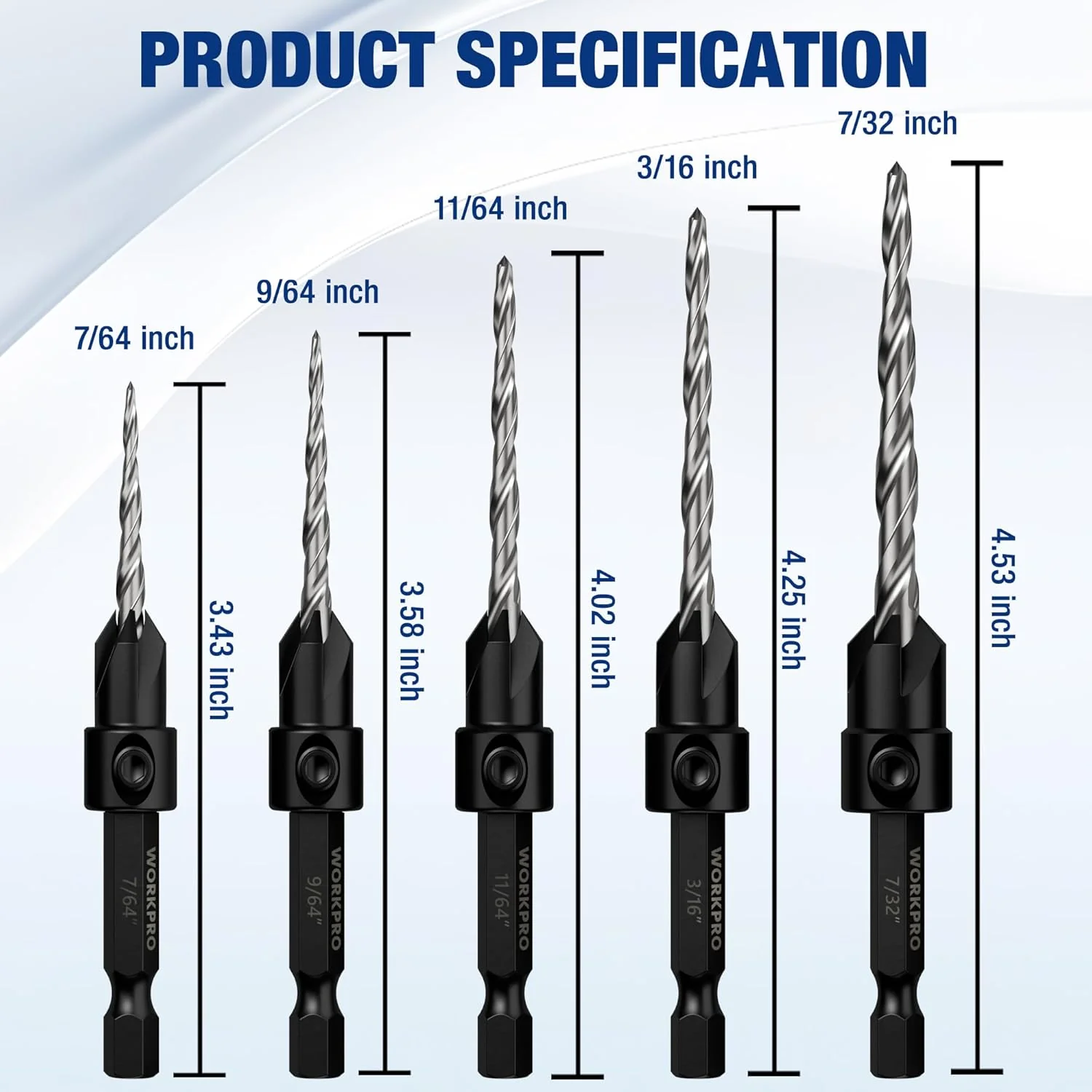 WORKPRO 5-Pack Countersink Drill Bit Set, #4, #6, #8, #10,#12, M2 HSS, 4-Flute Design, Adjustable with Included Hex Key, Ideal for Woodworking & Metal Drilling - Image 7