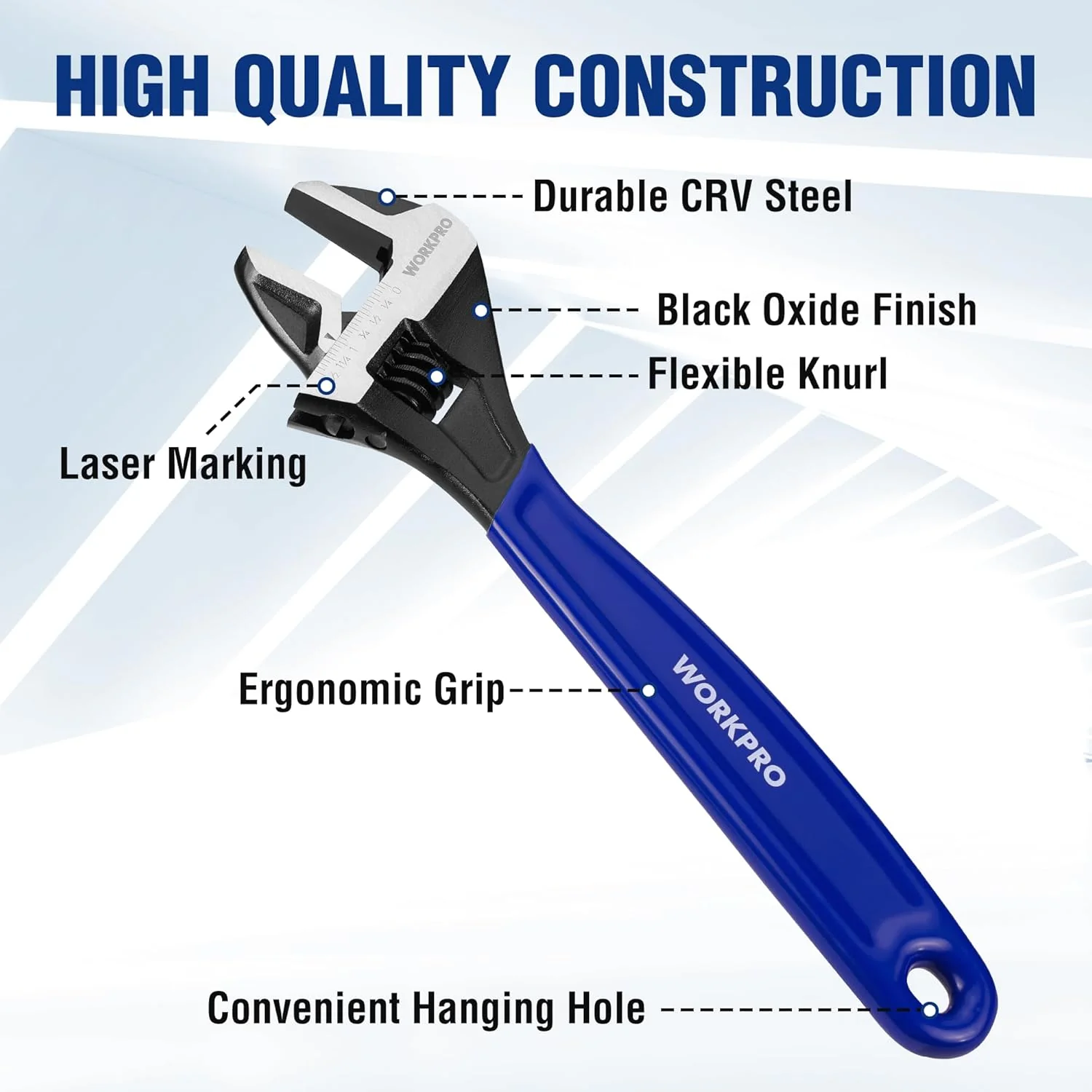 WORKPRO 5-piece Adjustable Wrench Set, 4-Inch & 6-Inch & 8-Inch & 10-Inch & 12-Inch Wrenches, Wide Jaw Black Oxide Wrench, Metric & SAE Scales, Cr-V Steel, for Home, Garage, Workshop - Image 2