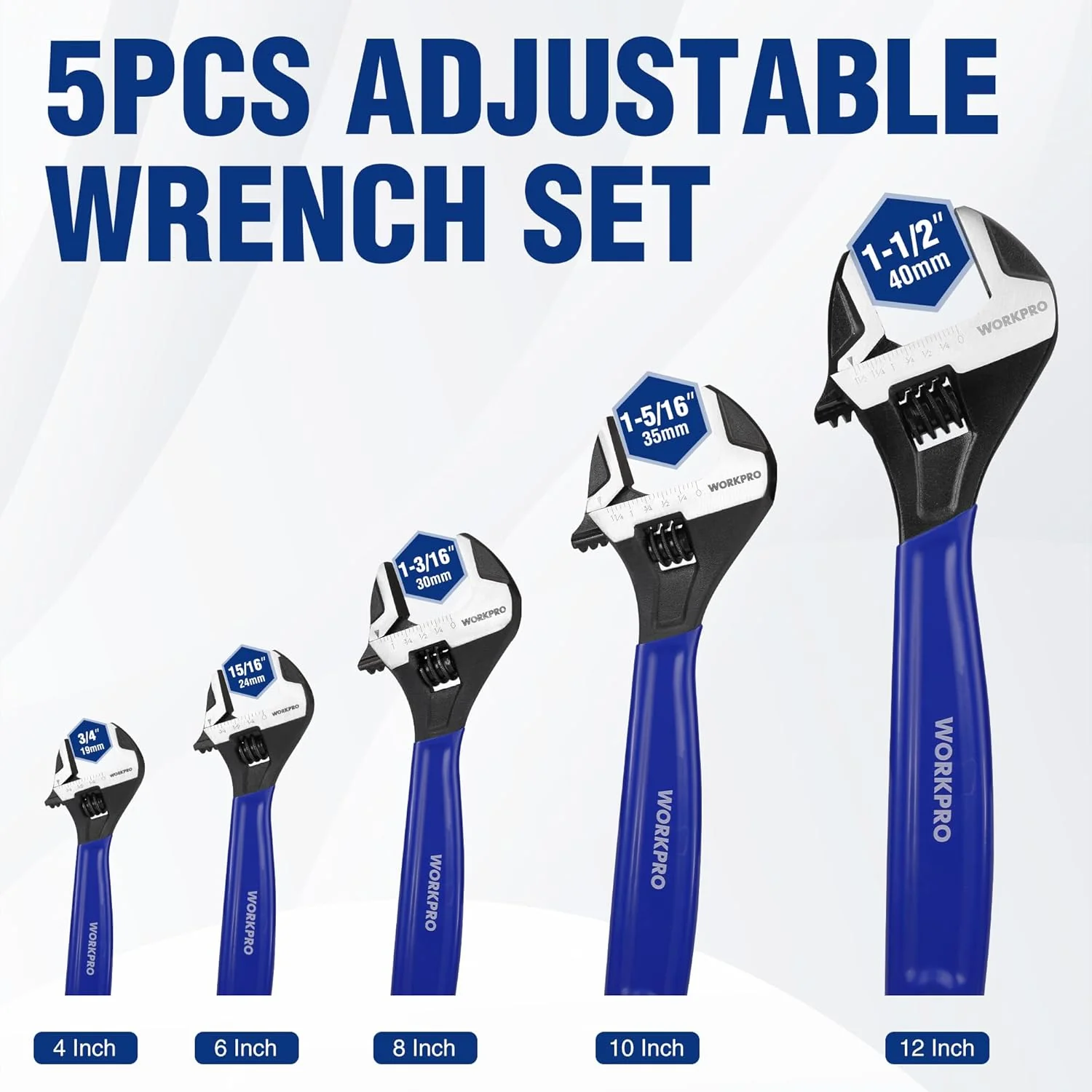 WORKPRO 5-piece Adjustable Wrench Set, 4-Inch & 6-Inch & 8-Inch & 10-Inch & 12-Inch Wrenches, Wide Jaw Black Oxide Wrench, Metric & SAE Scales, Cr-V Steel, for Home, Garage, Workshop - Image 6