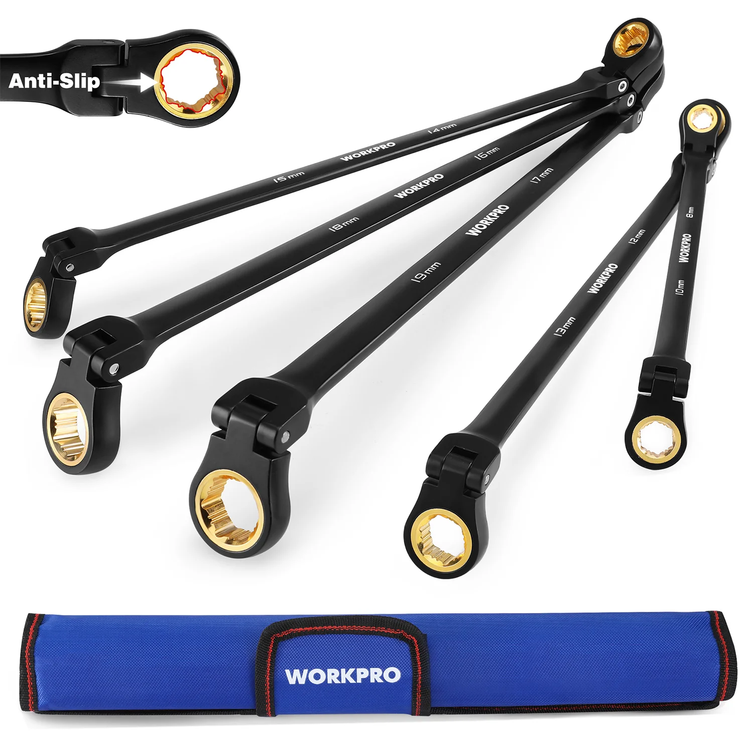 WORKPRO 5-piece Anti-Slip Double Box Extra Long Flex-Head Ratcheting Wrench Set with Rolling Pouch, Metric 8-19 mm