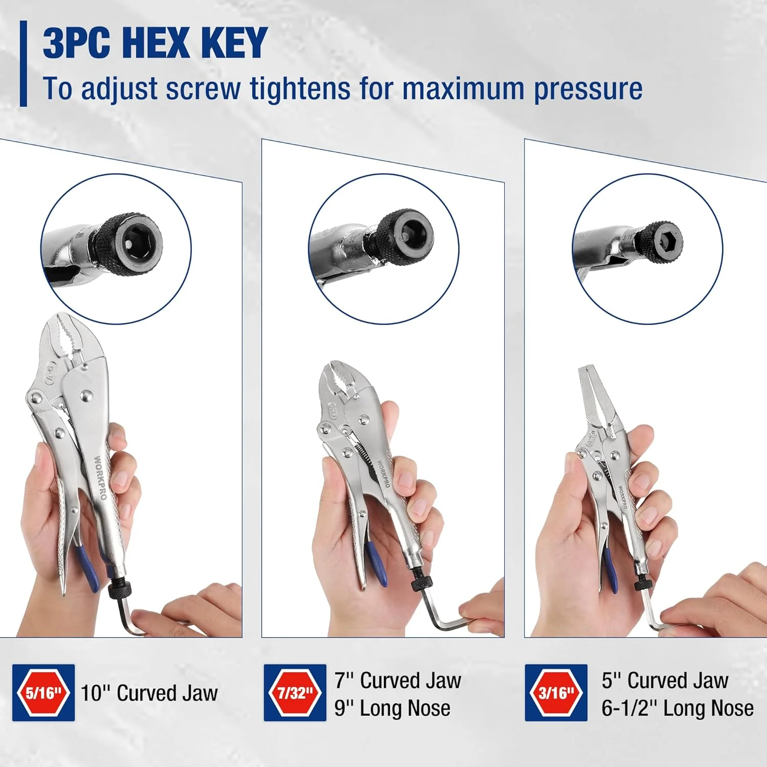 WORKPRO 5-Piece Locking Pliers Set with Hex Key Holes, Curved Jaw & Long Nose Vice Grips with 3pc Allen Wrenches for Maximum Locking Force, Fast Release - Image 2