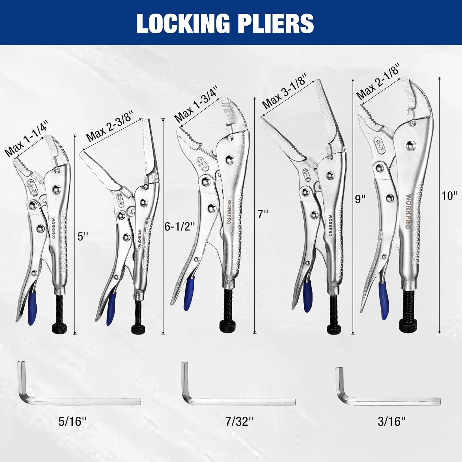 WORKPRO 5-Piece Locking Pliers Set with Hex Key Holes, Curved Jaw & Long Nose Vice Grips with 3pc Allen Wrenches for Maximum Locking Force, Fast Release - Image 4