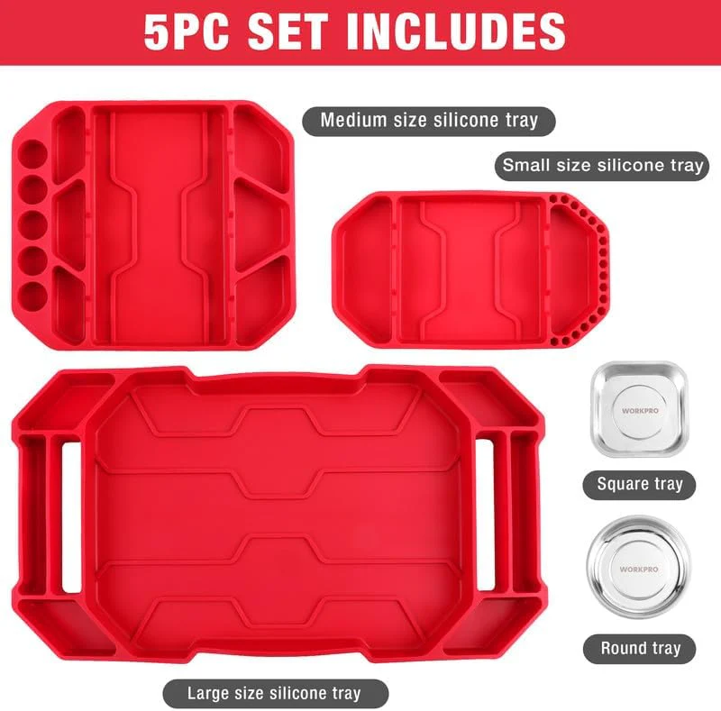 WORKPRO 5-Piece Non-Slip Tool Tray Set, 3-Piece Silicone Flexible Tools Organizers and 2-Piece Magnetic Parts Tool Tray, Tool Mat, Tool Holder, Tool Storage (Only Parts Tray Magnetic) - Image 9