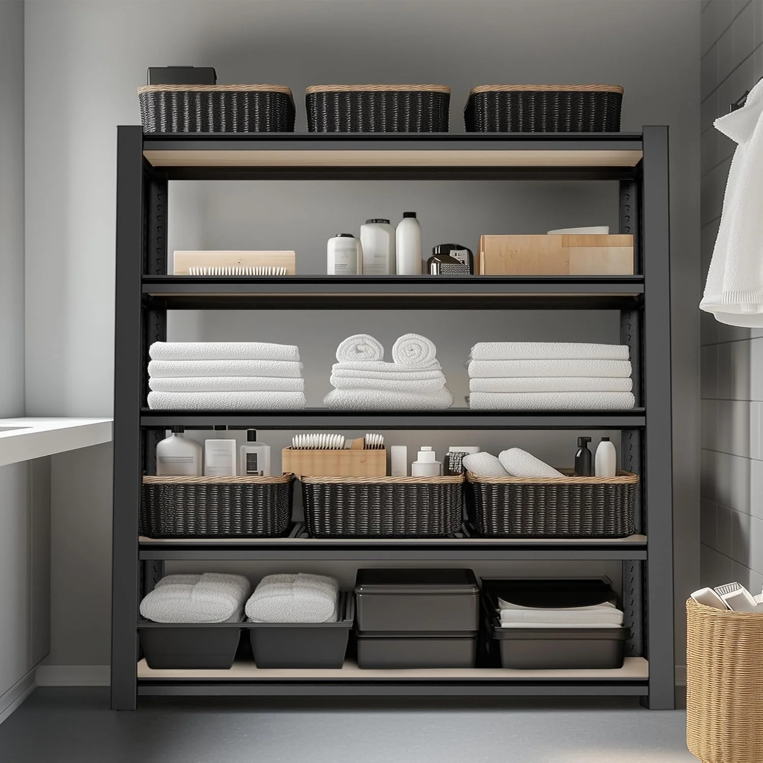 WORKPRO 5-Tier Black Shelving with Board, 48”W x 24”D x 72”H, 3000LBS Load | Adjustable, Heavy Duty, 3000lbs, Boltless Shelving for Kitchen, Living Room, Garage - Image 2