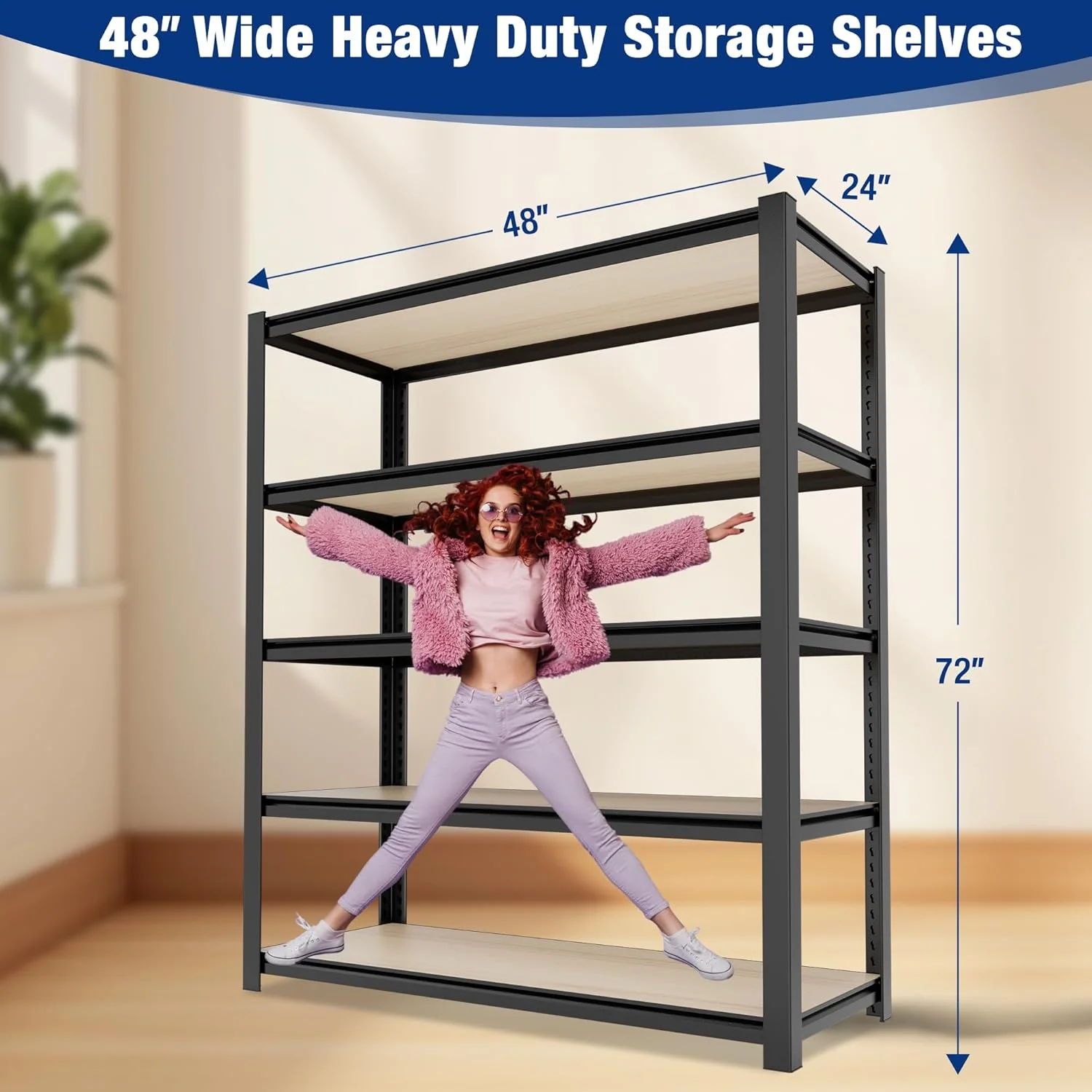 WORKPRO 5-Tier Black Shelving with Board, 48”W x 24”D x 72”H, 3000LBS Load | Adjustable, Heavy Duty, 3000lbs, Boltless Shelving for Kitchen, Living Room, Garage - Image 3