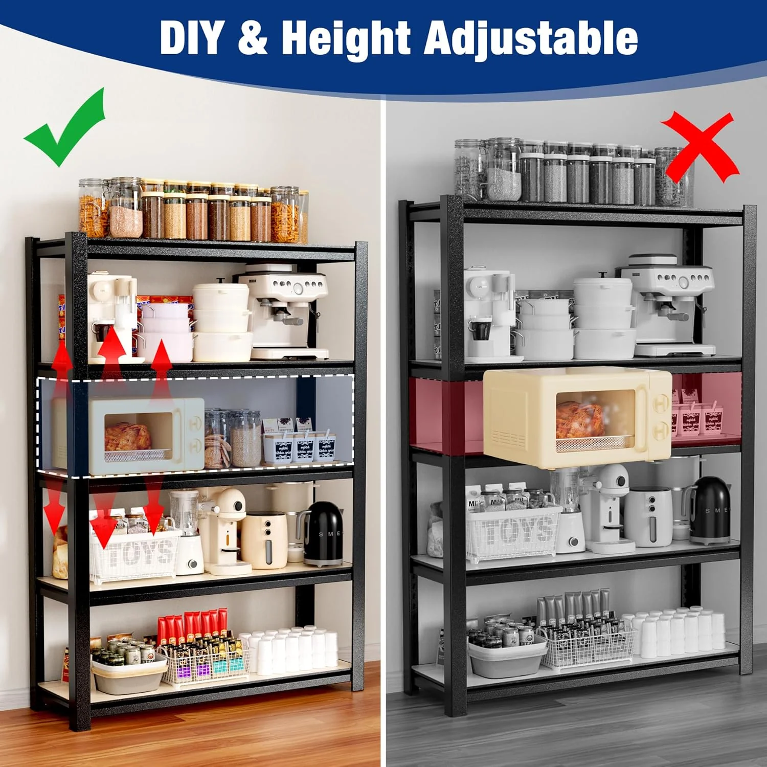WORKPRO 5-Tier Black Shelving with Board, 48”W x 24”D x 72”H, 3000LBS Load | Adjustable, Heavy Duty, 3000lbs, Boltless Shelving for Kitchen, Living Room, Garage - Image 7