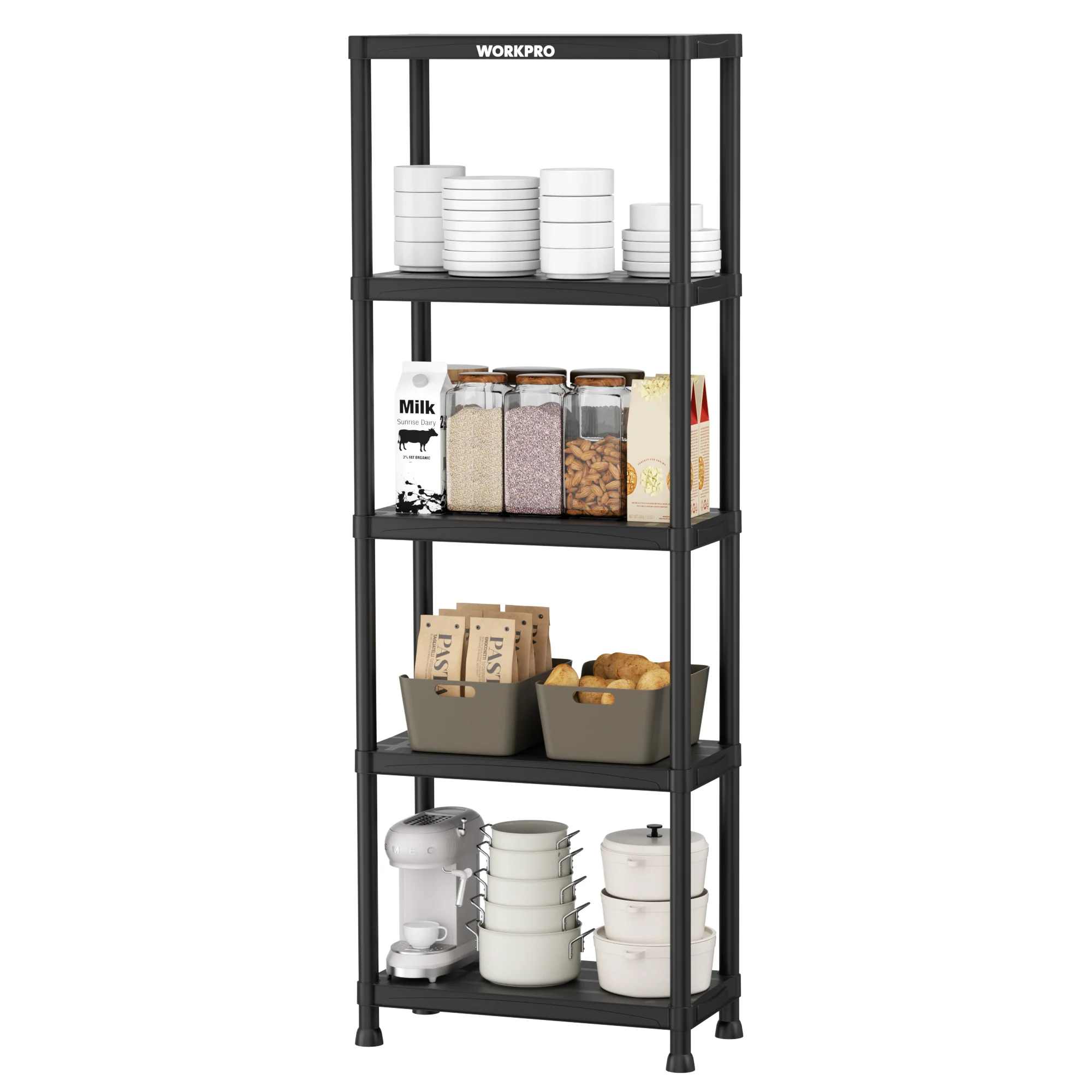 WORKPRO 5-Tier Plastic Storage Shelf, Black Freestanding Utility Organizer for Garage, Laundry Room & Basement - Image 6