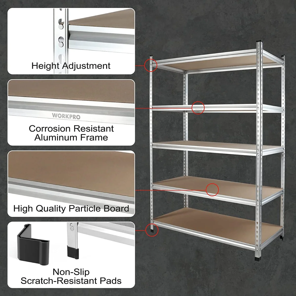 WORKPRO 5-Tier Storage Shelving Unit, 48”W x 24”D x 72”H, Adjustable Storage Rack Heavy Duty Aluminum Alloy Shelf - Image 3