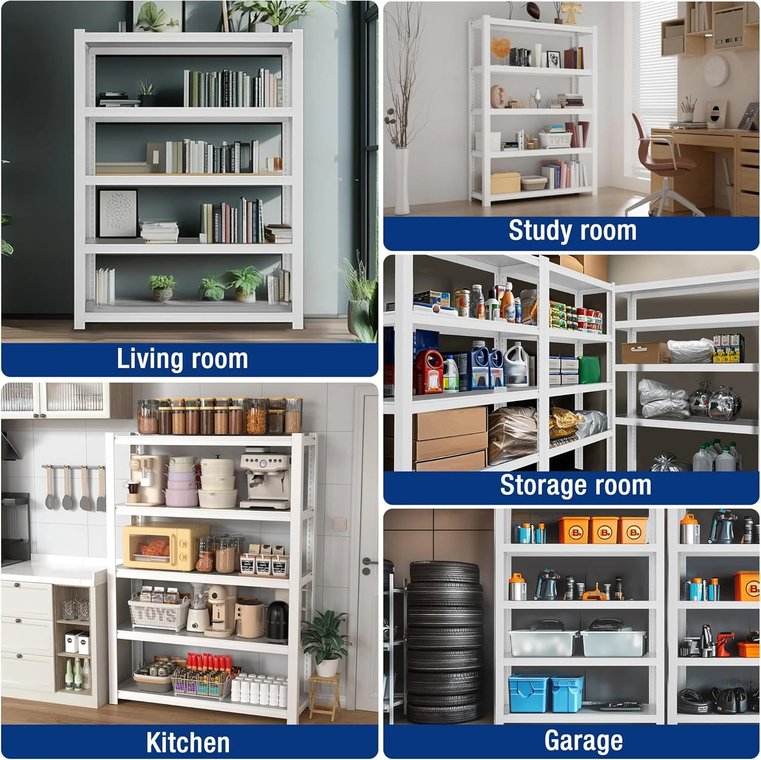 WORKPRO 5-Tier White Shelving with Board, 36.2”Wx16.5”Dx72”H, 3000LBS Load - Image 8