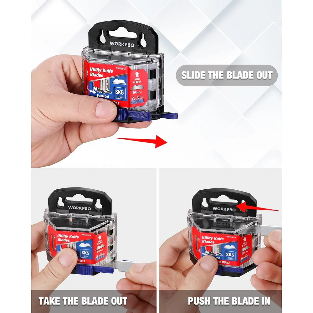 WORKPRO 50-Pack Utility Knife Blades with Dispenser, SK5 Steel Box Cutter, Standard Blades for Utility Knife Replacement - Image 3