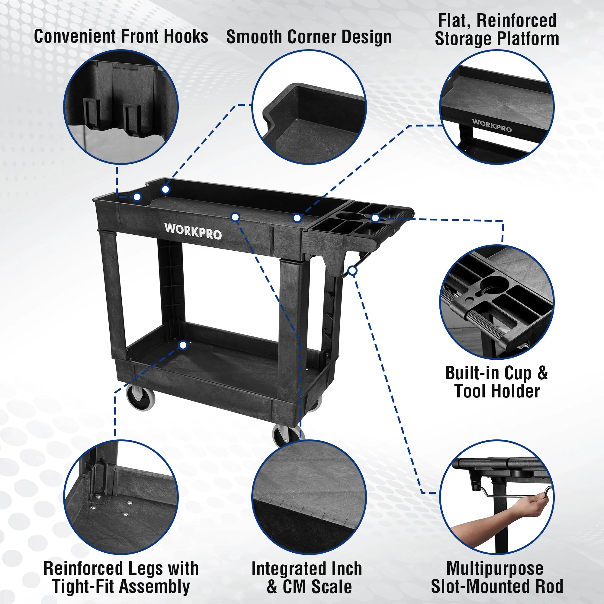 WORKPRO 500 LBS 2-Tier Utility Service Cart, Rolling Tool Cart with 360° Swivel Locking Casters, 39"x17"x33" PP Plastic Work Station for Garage & Home - Image 4