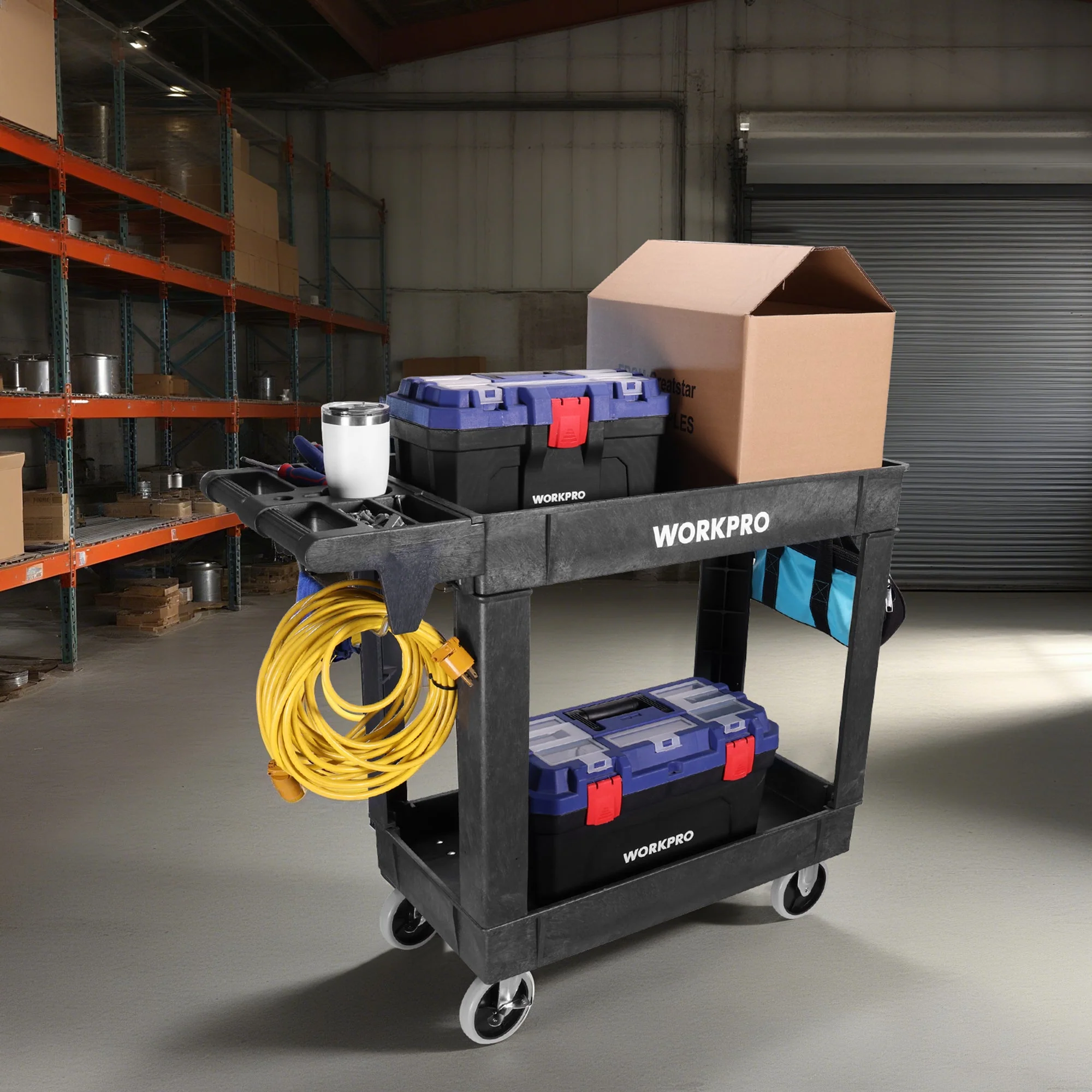 WORKPRO 500 LBS 2-Tier Utility Service Cart, Rolling Tool Cart with 360° Swivel Locking Casters, 39"x17"x33" PP Plastic Work Station for Garage & Home - Image 7