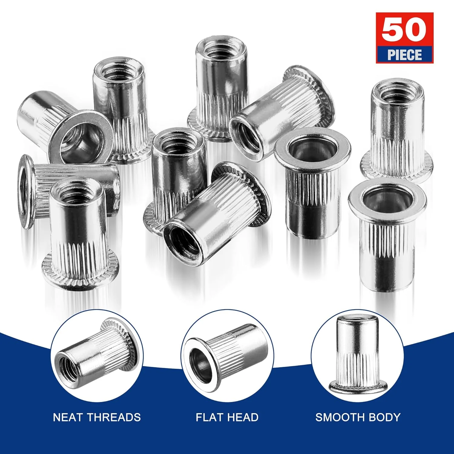WORKPRO 50Pcs Rivet Nuts, 1/4”-20 Stainless Steel Rivnut, Flat Head Threaded Insert Nutserts with Knurled Body - Image 4