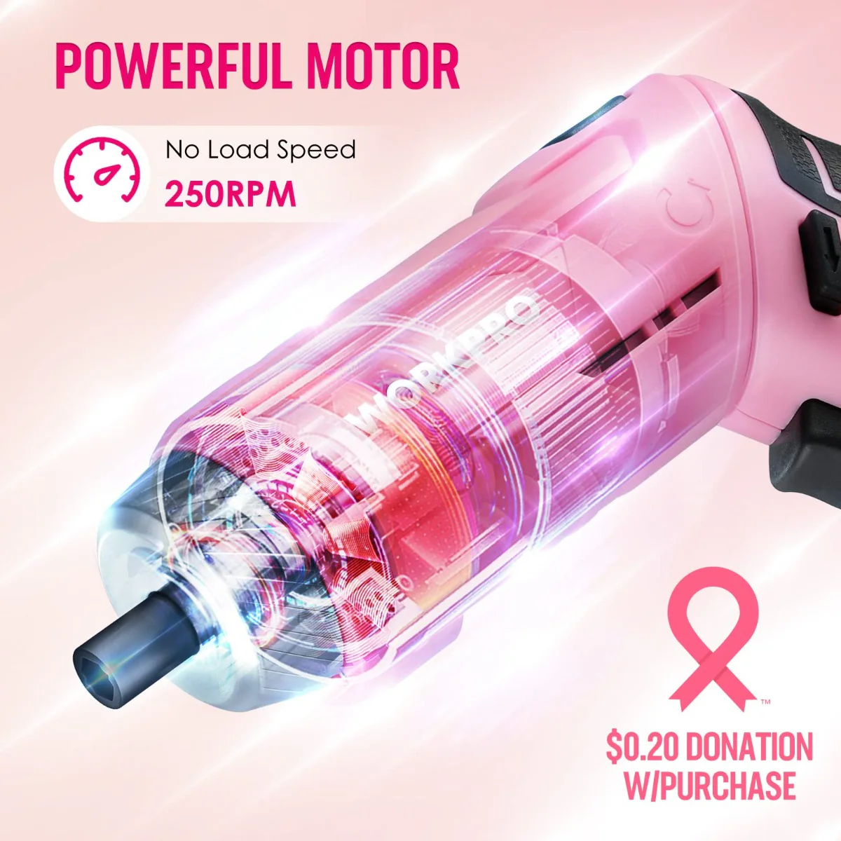 WORKPRO 55 Pcs/75 Pcs Pink Household Tools Set, 3.7V Rotatable Cordless Screwdriver - Pink Ribbon - Image 10