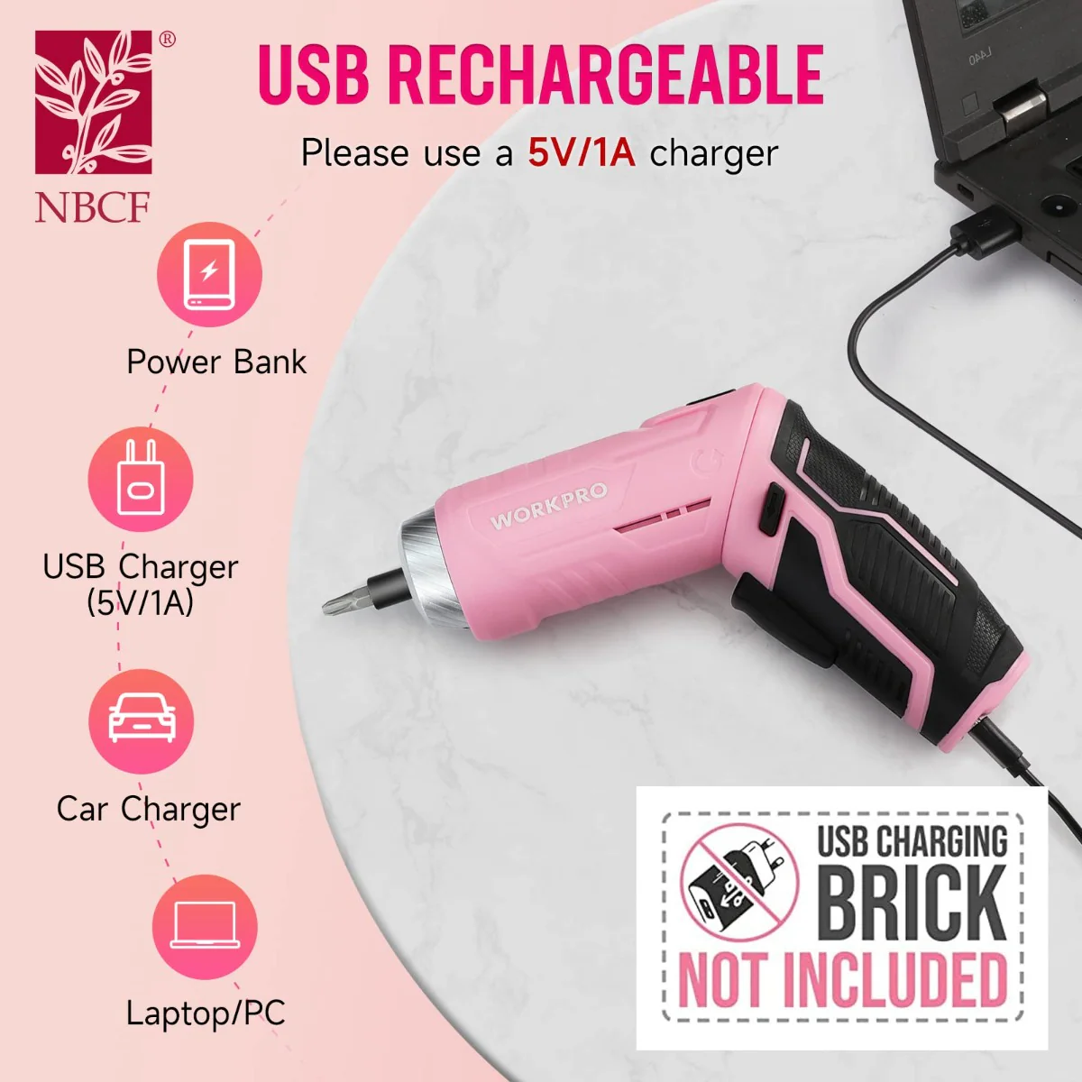 WORKPRO 55 Pcs/75 Pcs Pink Household Tools Set, 3.7V Rotatable Cordless Screwdriver - Pink Ribbon - Image 11
