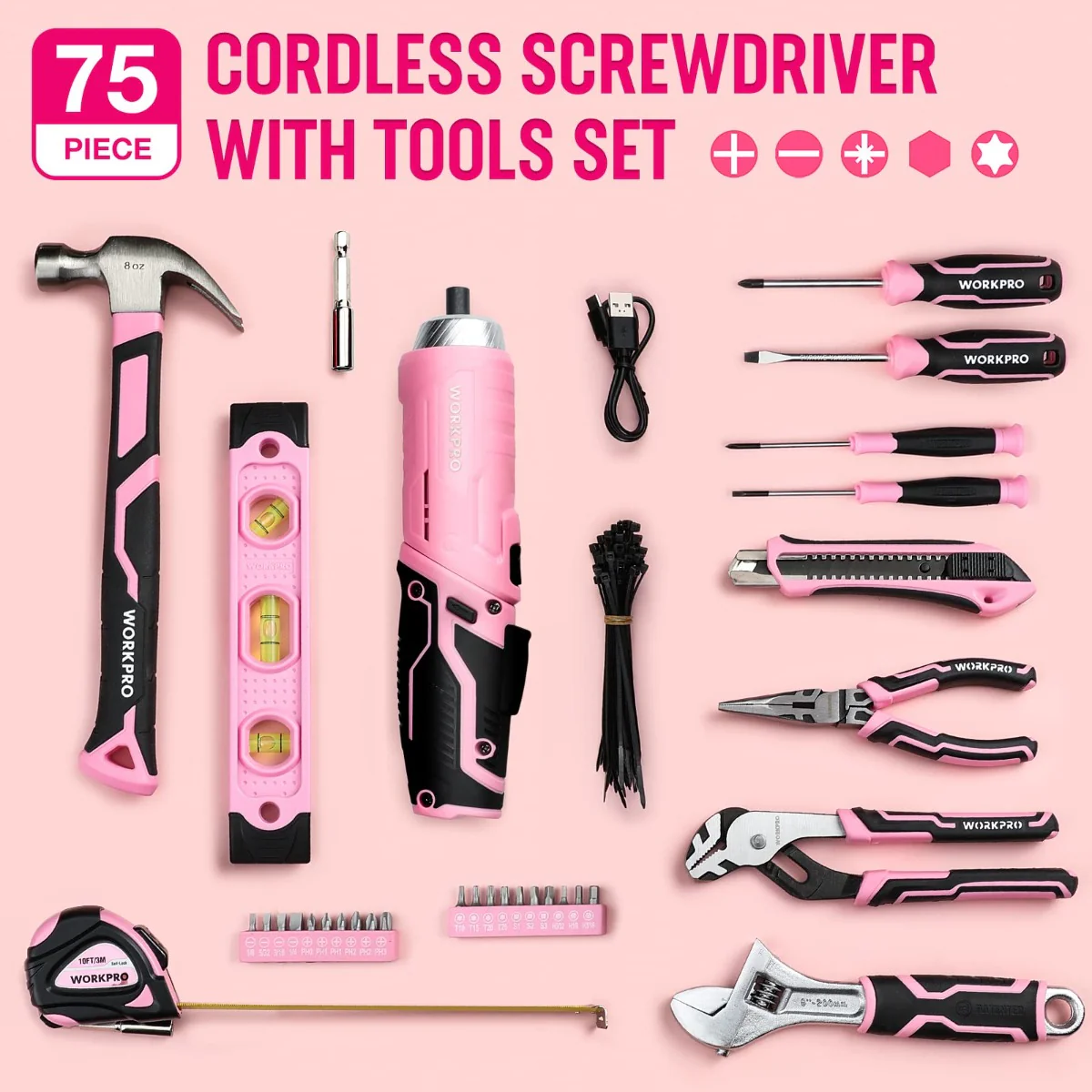 WORKPRO 55 Pcs/75 Pcs Pink Household Tools Set, 3.7V Rotatable Cordless Screwdriver - Pink Ribbon - Image 14