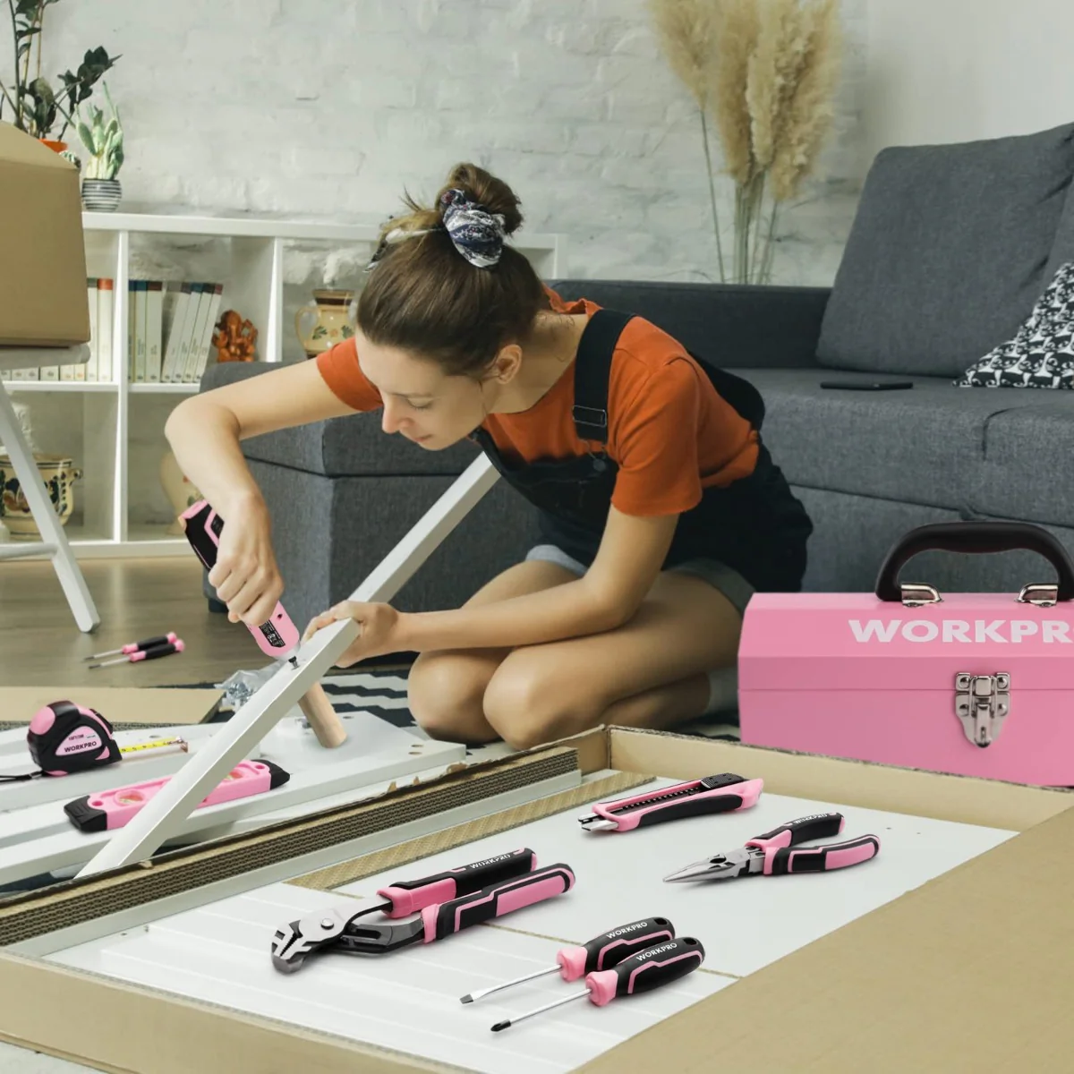 WORKPRO 55 Pcs/75 Pcs Pink Household Tools Set, 3.7V Rotatable Cordless Screwdriver - Pink Ribbon - Image 15