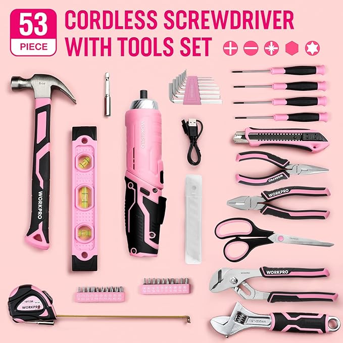 WORKPRO 55 Pcs/75 Pcs Pink Household Tools Set, 3.7V Rotatable Cordless Screwdriver - Pink Ribbon - Image 3
