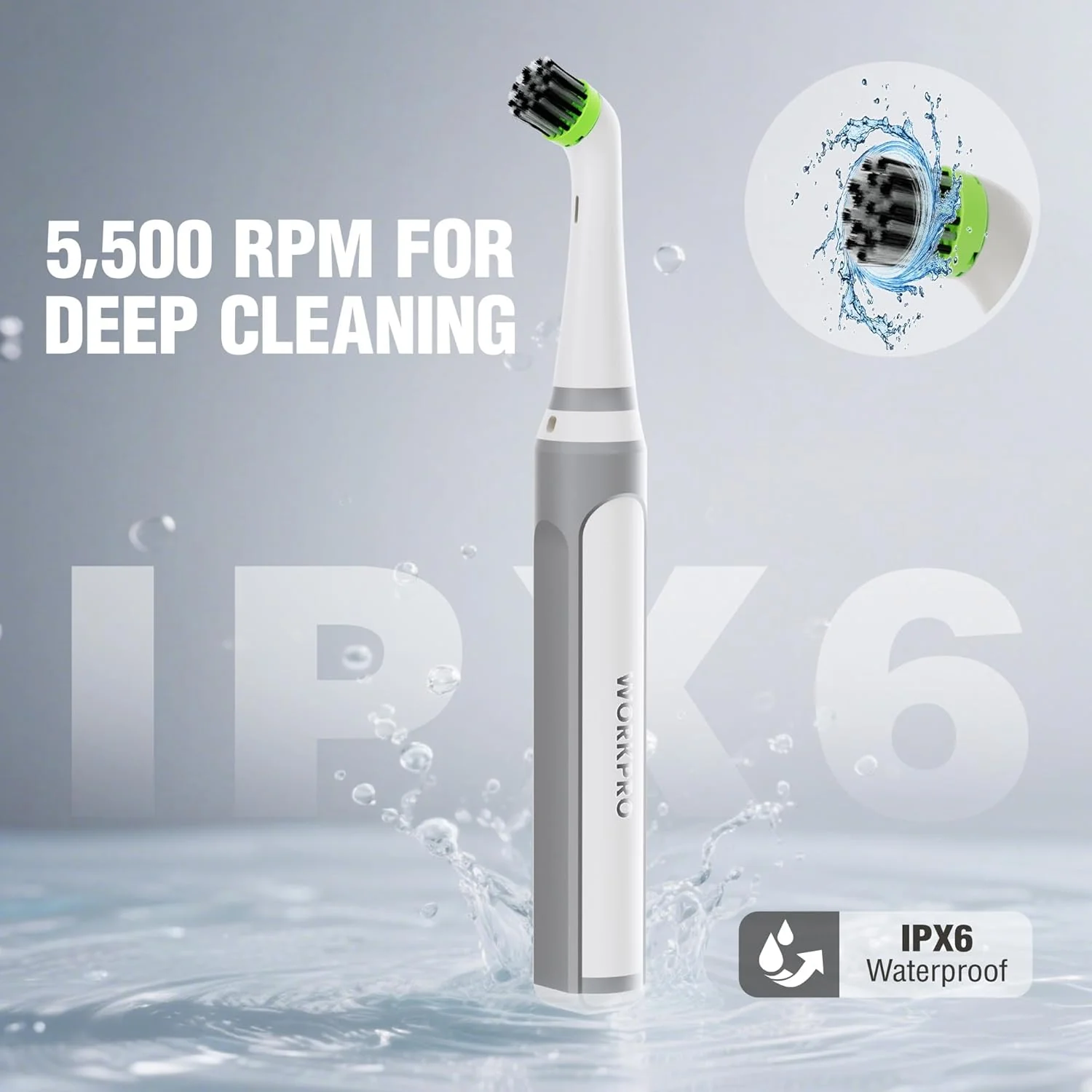 WORKPRO 5500RPM Cordless IPX6 Waterproof Electric Scrubber for Cleaning Grout, Tiles, Grime, and Crevices - Image 4