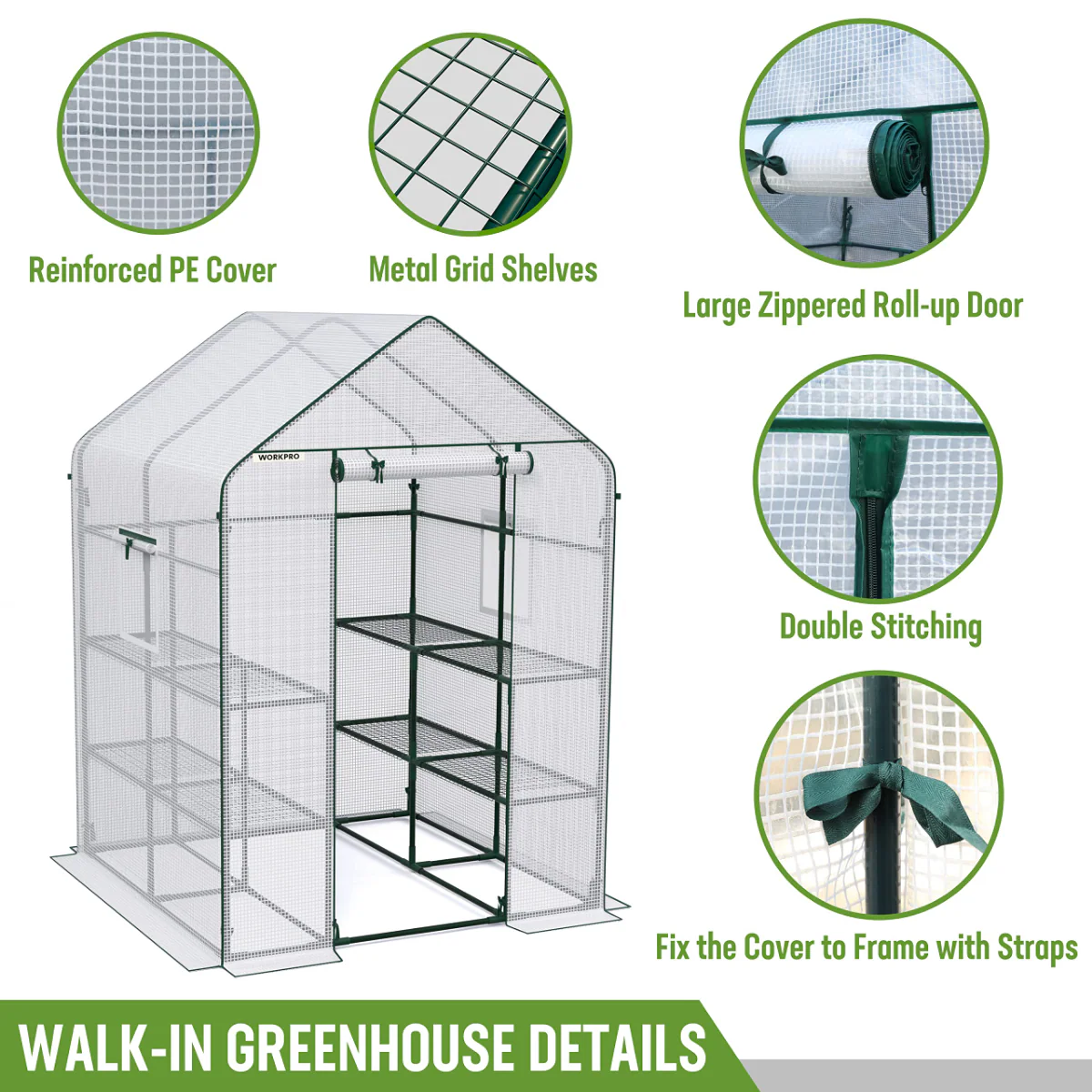 WORKPRO 56” L x 56”W x 77'' H Large 3 Tier 8 Shelves Outdoor Portable Walk-in Gardening Greenhouse - Image 6