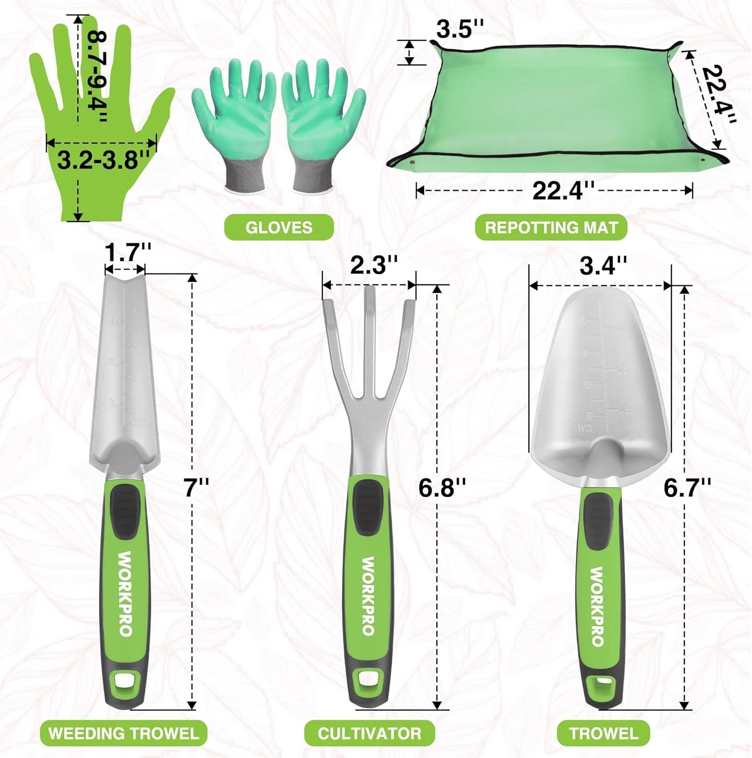 WORKPRO 5PCS Aluminum Garden Tool Set, Powder Coating Compact Gardening Tool Set with Repotting Mat, Outdoor Garden Hand Tools, Ideal Gardening Gift, Green - Image 3