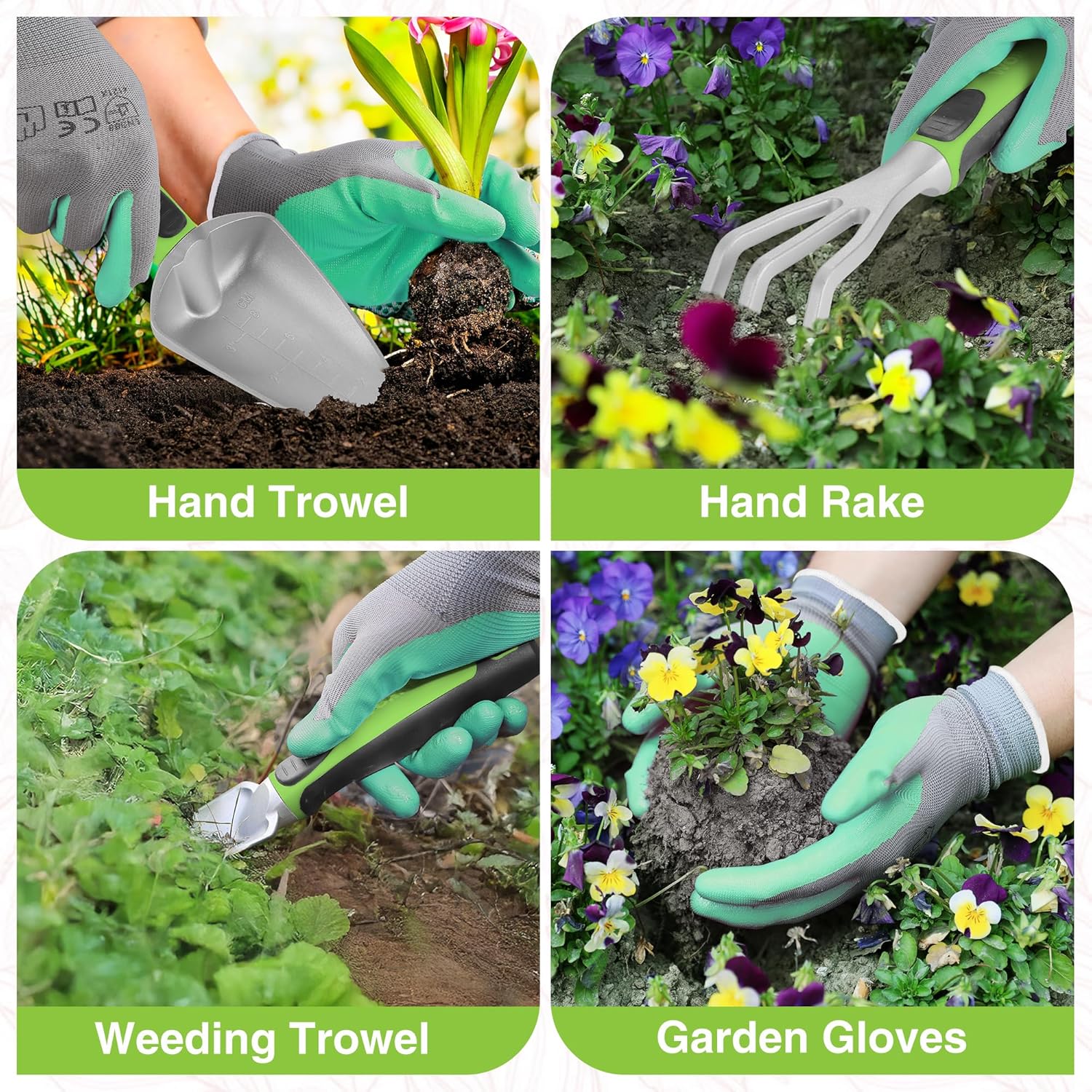WORKPRO 5PCS Aluminum Garden Tool Set, Powder Coating Compact Gardening Tool Set with Repotting Mat, Outdoor Garden Hand Tools, Ideal Gardening Gift, Green - Image 4