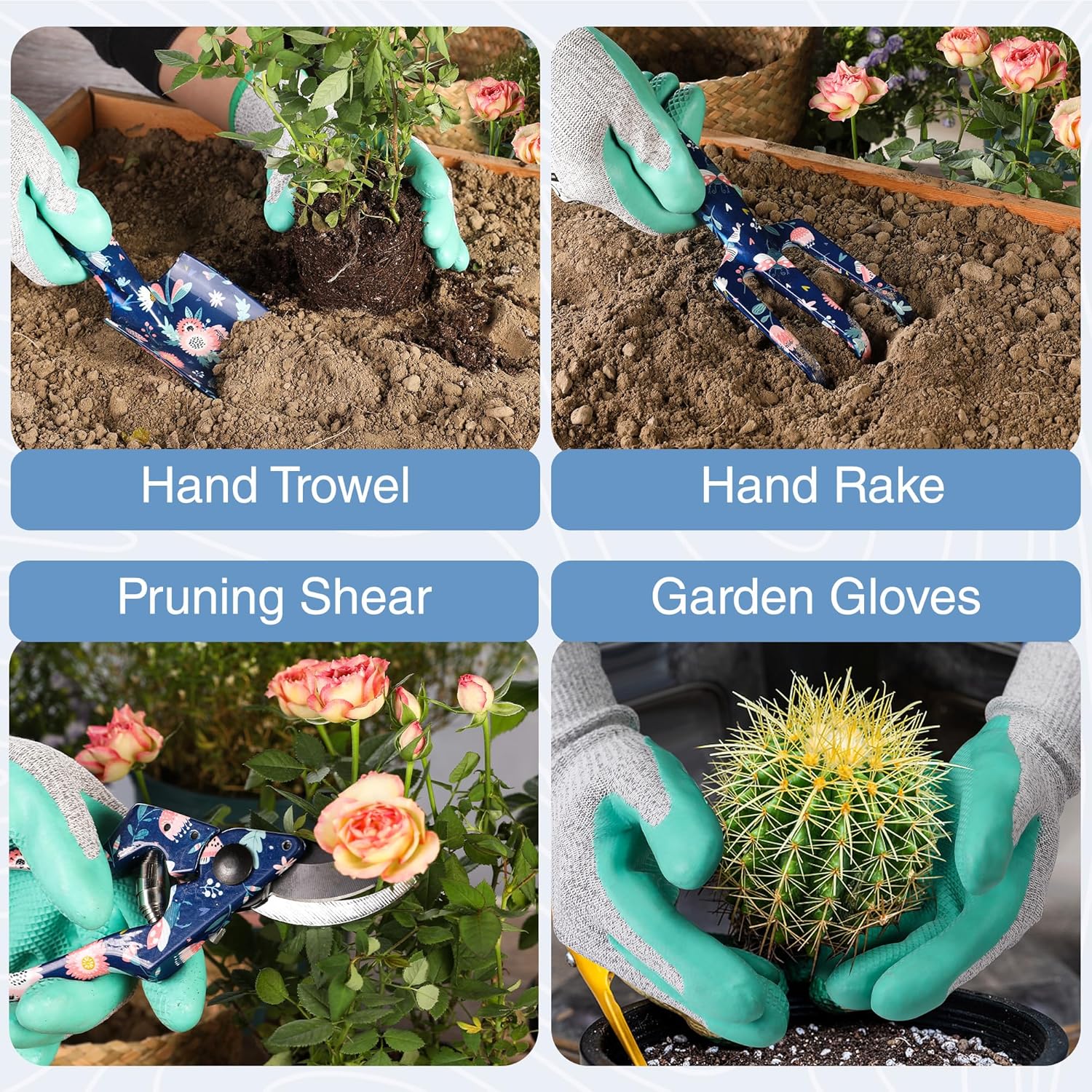 WORKPRO 5PCS Garden Tool Set, Aluminum Heavy Duty Gardening Tool Set with Garden Tool Bag, Outdoor Garden Hand Tools, Blue Insect and Flower - Image 2