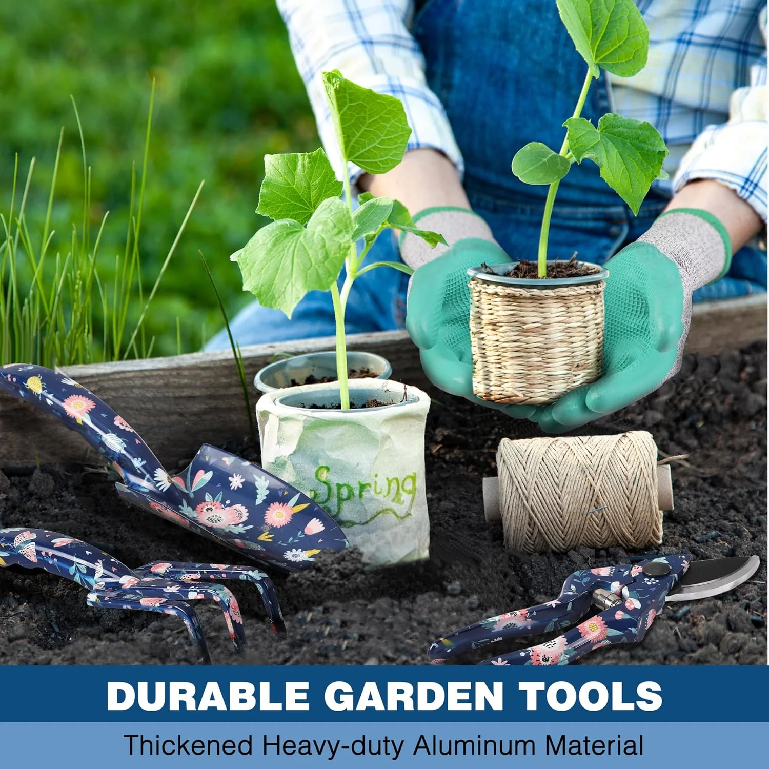 WORKPRO 5PCS Garden Tool Set, Aluminum Heavy Duty Gardening Tool Set with Garden Tool Bag, Outdoor Garden Hand Tools, Blue Insect and Flower - Image 5