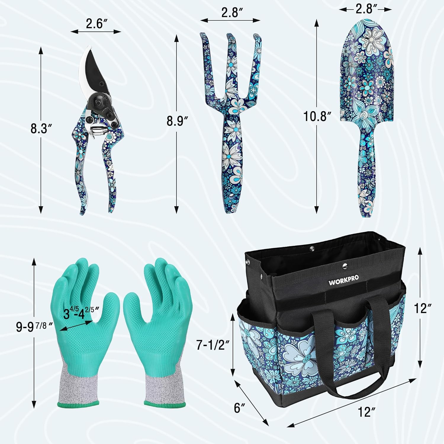 WORKPRO 5PCS Garden Tool Set, Aluminum Heavy Duty Gardening Tool Set with Garden Tool Bag, Outdoor Garden Hand Tools, Floral Blue - Image 2