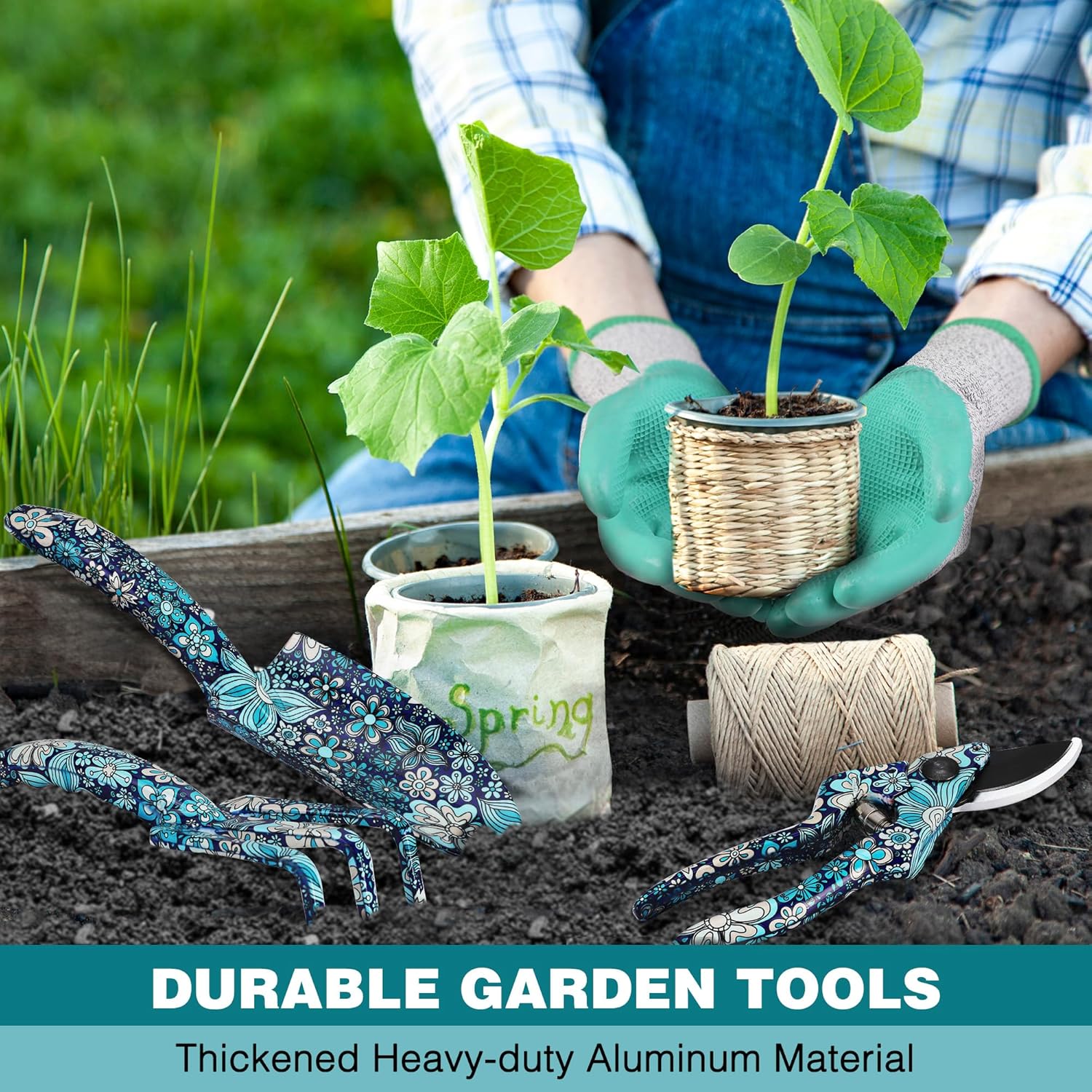 WORKPRO 5PCS Garden Tool Set, Aluminum Heavy Duty Gardening Tool Set with Garden Tool Bag, Outdoor Garden Hand Tools, Floral Blue - Image 6