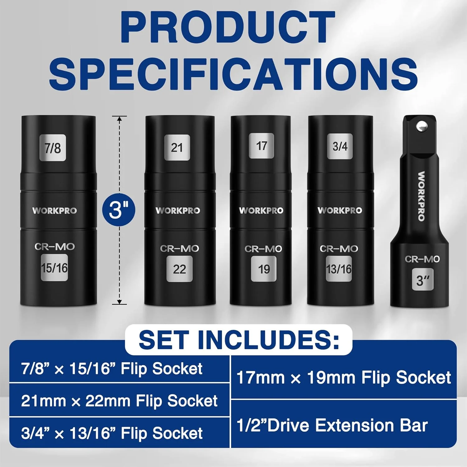 WORKPRO 5PCS Impact Socket Set 1/2" Drive, Lug Nut Socket Set, Wheel Socket Set Cr-Mo Steel, Includes 1PC 3" Extension Bar & 4PCS Flip Sockets of 6 Metric and SAE Sizes - Image 2