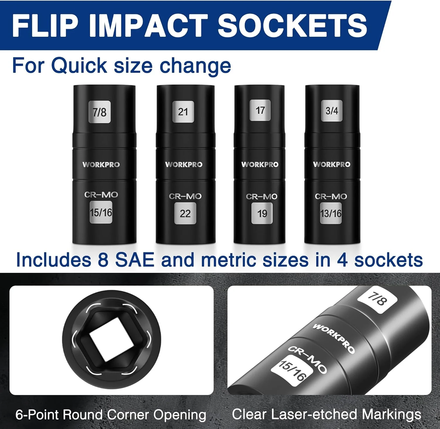 WORKPRO 5PCS Impact Socket Set 1/2" Drive, Lug Nut Socket Set, Wheel Socket Set Cr-Mo Steel, Includes 1PC 3" Extension Bar & 4PCS Flip Sockets of 6 Metric and SAE Sizes - Image 3