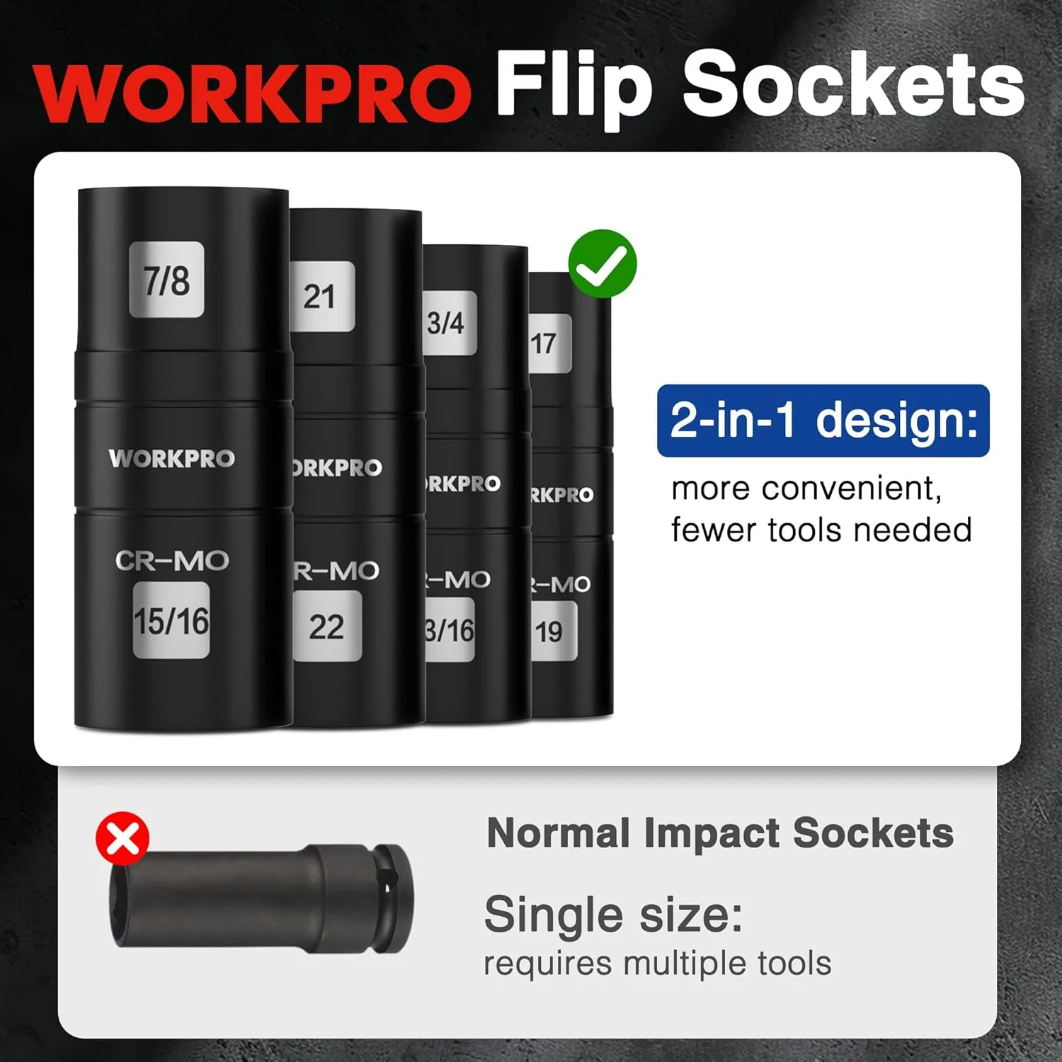 WORKPRO 5PCS Impact Socket Set 1/2" Drive, Lug Nut Socket Set, Wheel Socket Set Cr-Mo Steel, Includes 1PC 3" Extension Bar & 4PCS Flip Sockets of 6 Metric and SAE Sizes - Image 4