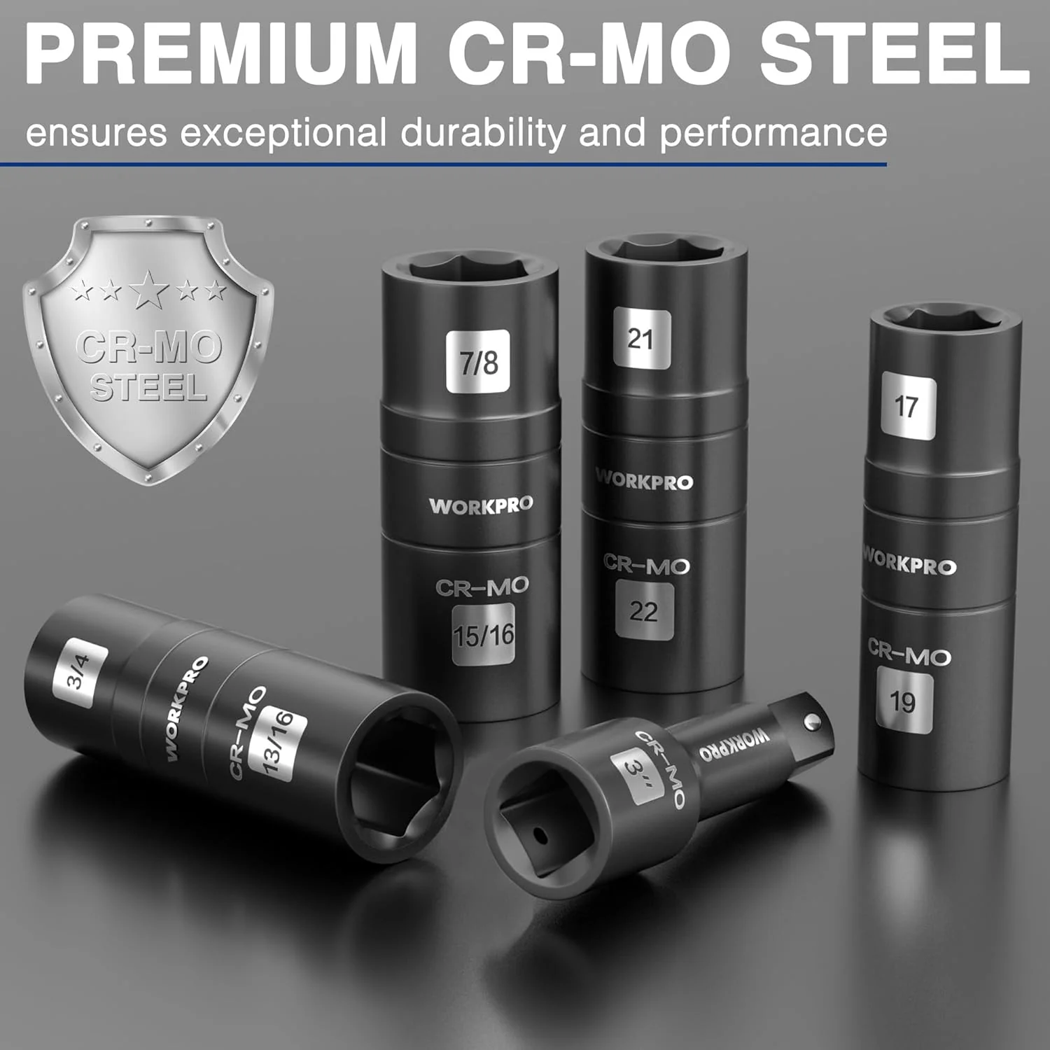 WORKPRO 5PCS Impact Socket Set 1/2" Drive, Lug Nut Socket Set, Wheel Socket Set Cr-Mo Steel, Includes 1PC 3" Extension Bar & 4PCS Flip Sockets of 6 Metric and SAE Sizes - Image 5