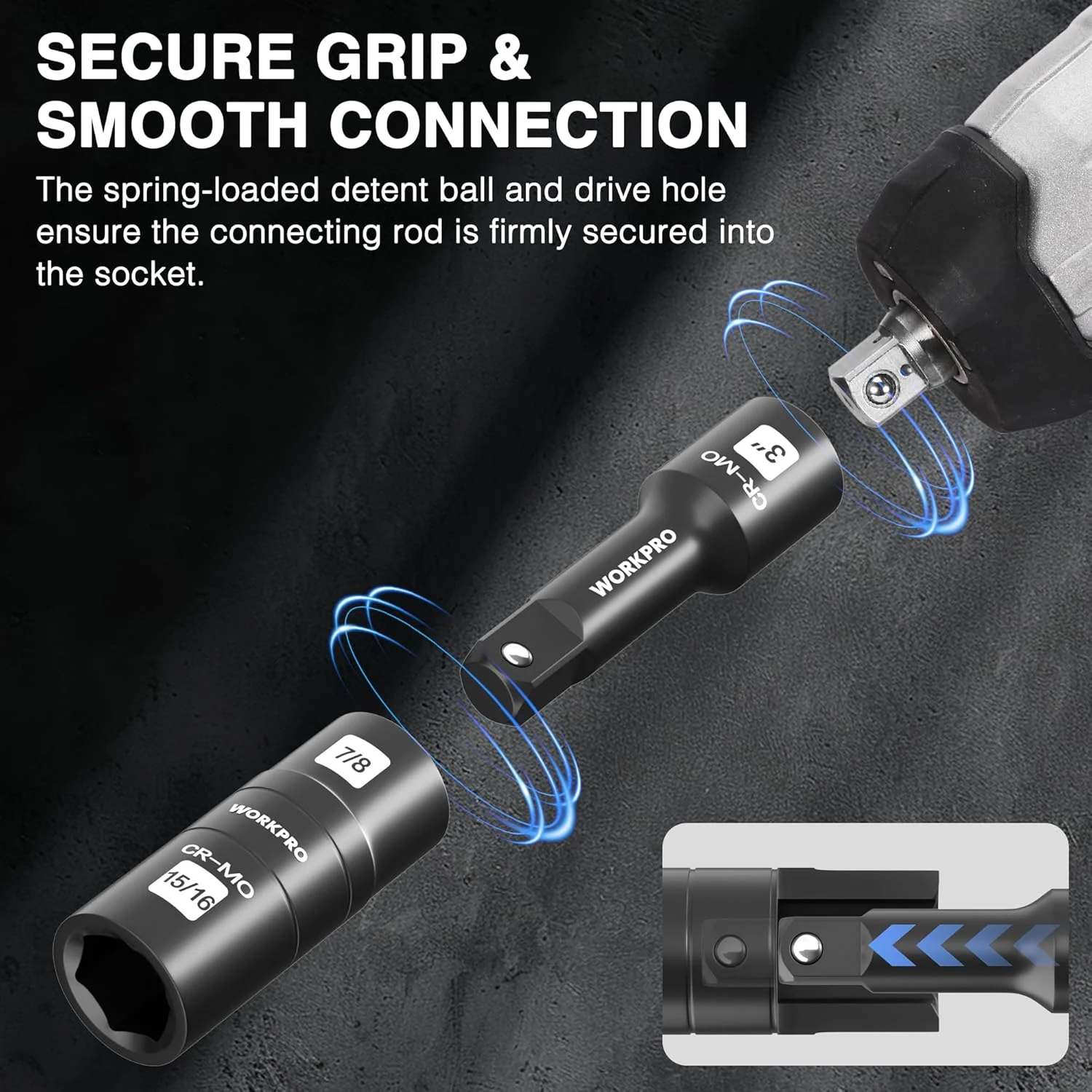 WORKPRO 5PCS Impact Socket Set 1/2" Drive, Lug Nut Socket Set, Wheel Socket Set Cr-Mo Steel, Includes 1PC 3" Extension Bar & 4PCS Flip Sockets of 6 Metric and SAE Sizes - Image 6