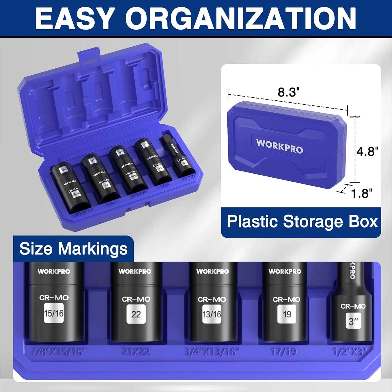 WORKPRO 5PCS Impact Socket Set 1/2" Drive, Lug Nut Socket Set, Wheel Socket Set Cr-Mo Steel, Includes 1PC 3" Extension Bar & 4PCS Flip Sockets of 6 Metric and SAE Sizes - Image 8