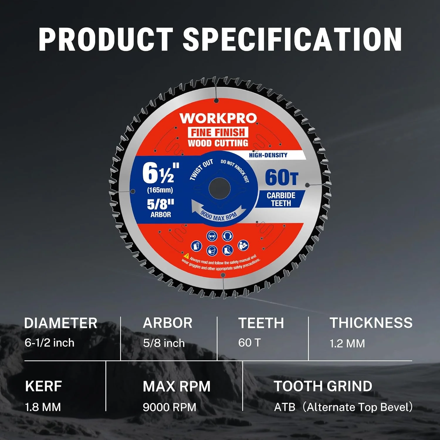 WORKPRO 6-1/2 Inch Woodworking Circular Saw Blade, 60T Fine Finish Plywood & Trim Cutting, Thin Kerf, Carbide Tipped, ATB Tooth, 1-Pack - Image 3