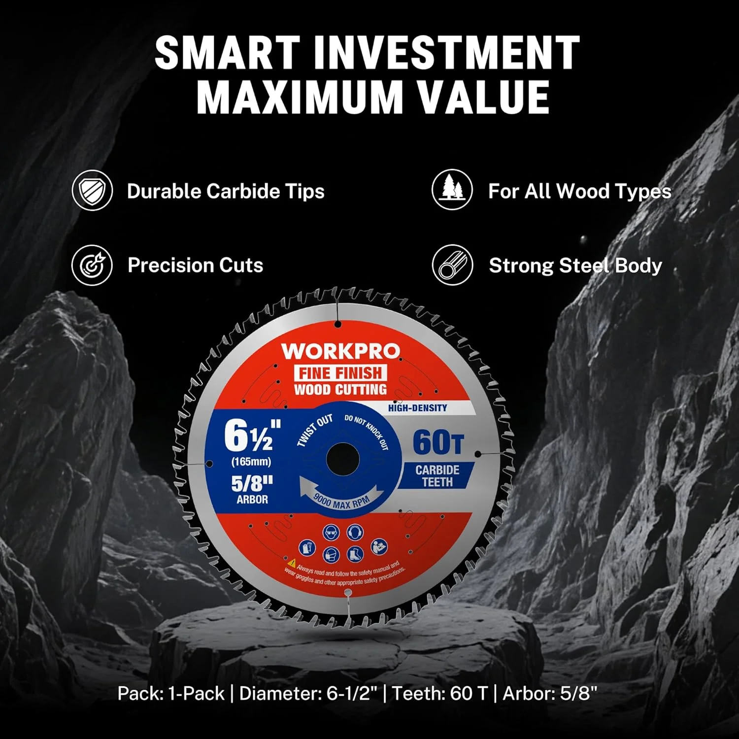WORKPRO 6-1/2 Inch Woodworking Circular Saw Blade, 60T Fine Finish Plywood & Trim Cutting, Thin Kerf, Carbide Tipped, ATB Tooth, 1-Pack - Image 9