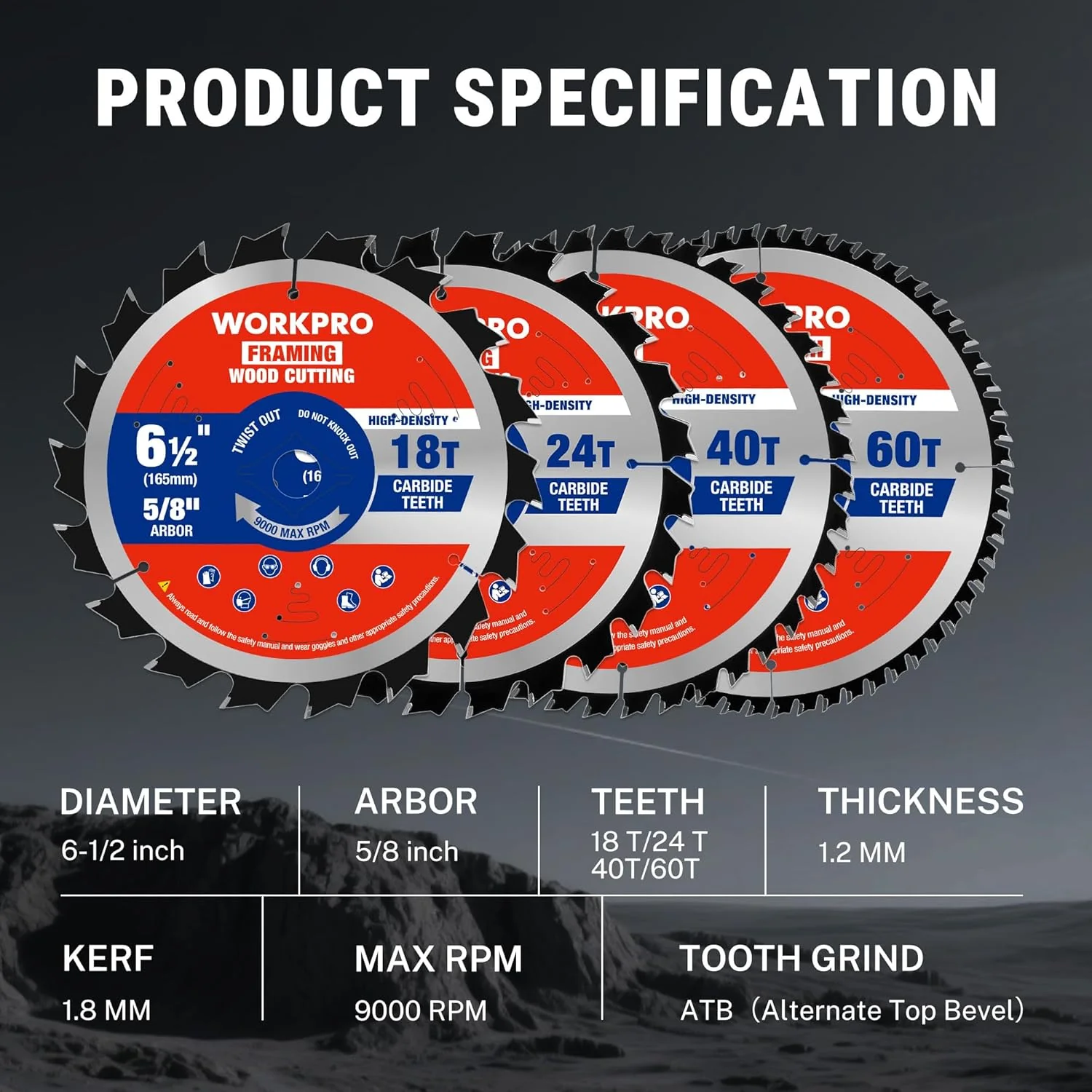 WORKPRO 6-1/2 Inch Woodworking Circular Saw Blades, 18T/24T/40T/60T All-Purpose Wood Cutting Variety, Thin Kerf, Carbide Tipped, ATB Tooth, 4-Pack - Image 3