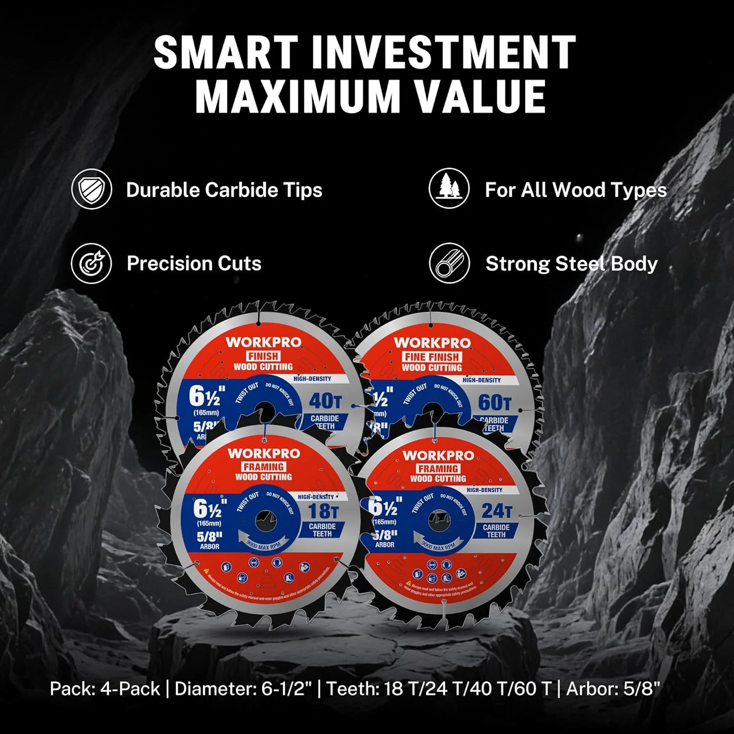 WORKPRO 6-1/2 Inch Woodworking Circular Saw Blades, 18T/24T/40T/60T All-Purpose Wood Cutting Variety, Thin Kerf, Carbide Tipped, ATB Tooth, 4-Pack - Image 9