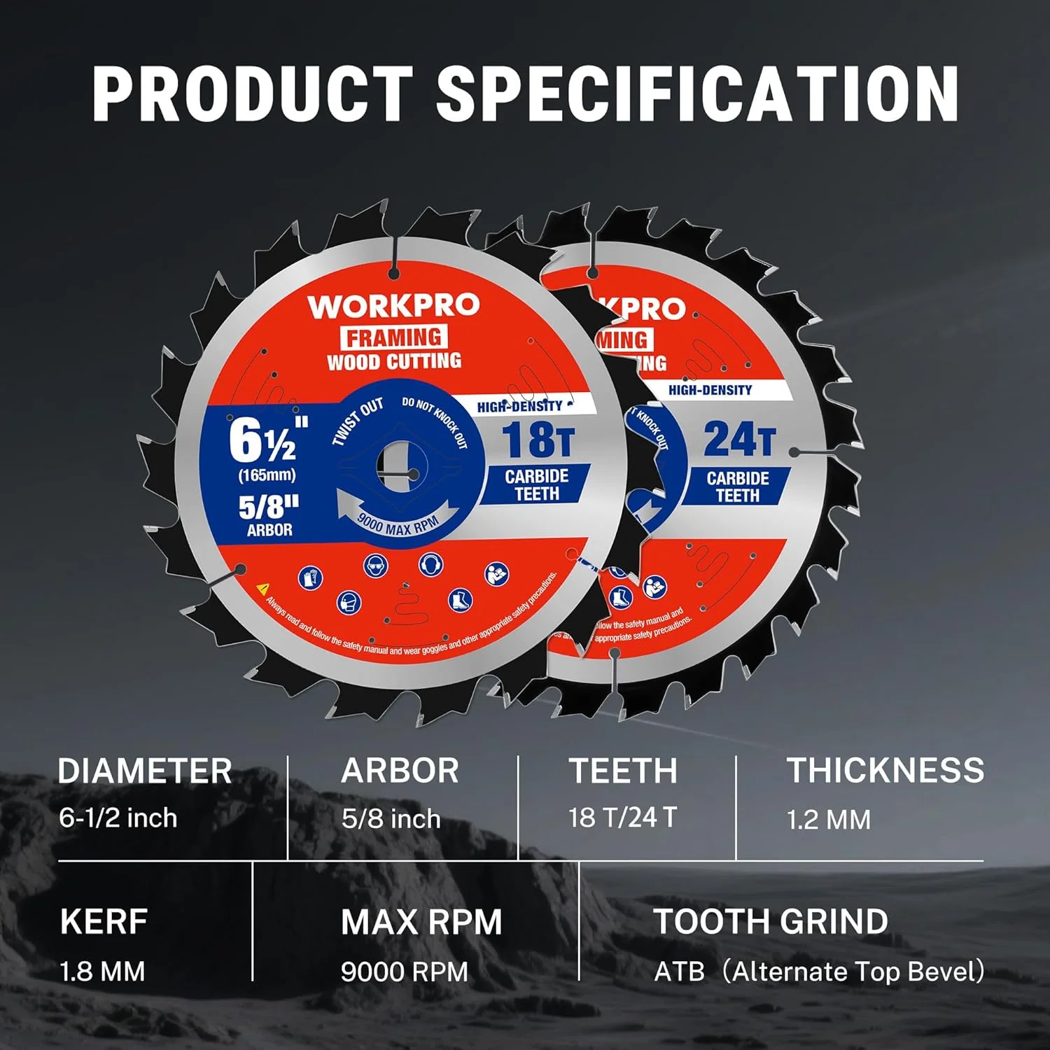 WORKPRO 6-1/2 Inch Woodworking Circular Saw Blades, 18T/24T Framing & Fast Ripping, Thin Kerf, Carbide Tipped, ATB Tooth, 2-Pack - Image 3