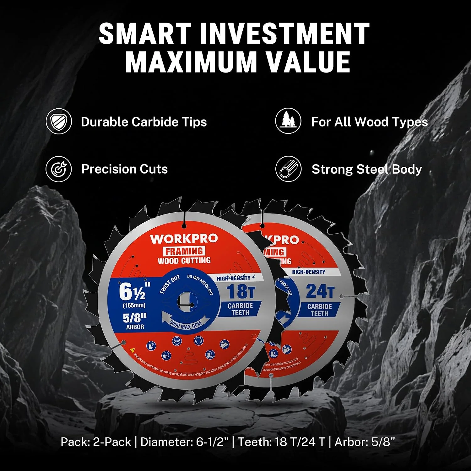 WORKPRO 6-1/2 Inch Woodworking Circular Saw Blades, 18T/24T Framing & Fast Ripping, Thin Kerf, Carbide Tipped, ATB Tooth, 2-Pack - Image 9