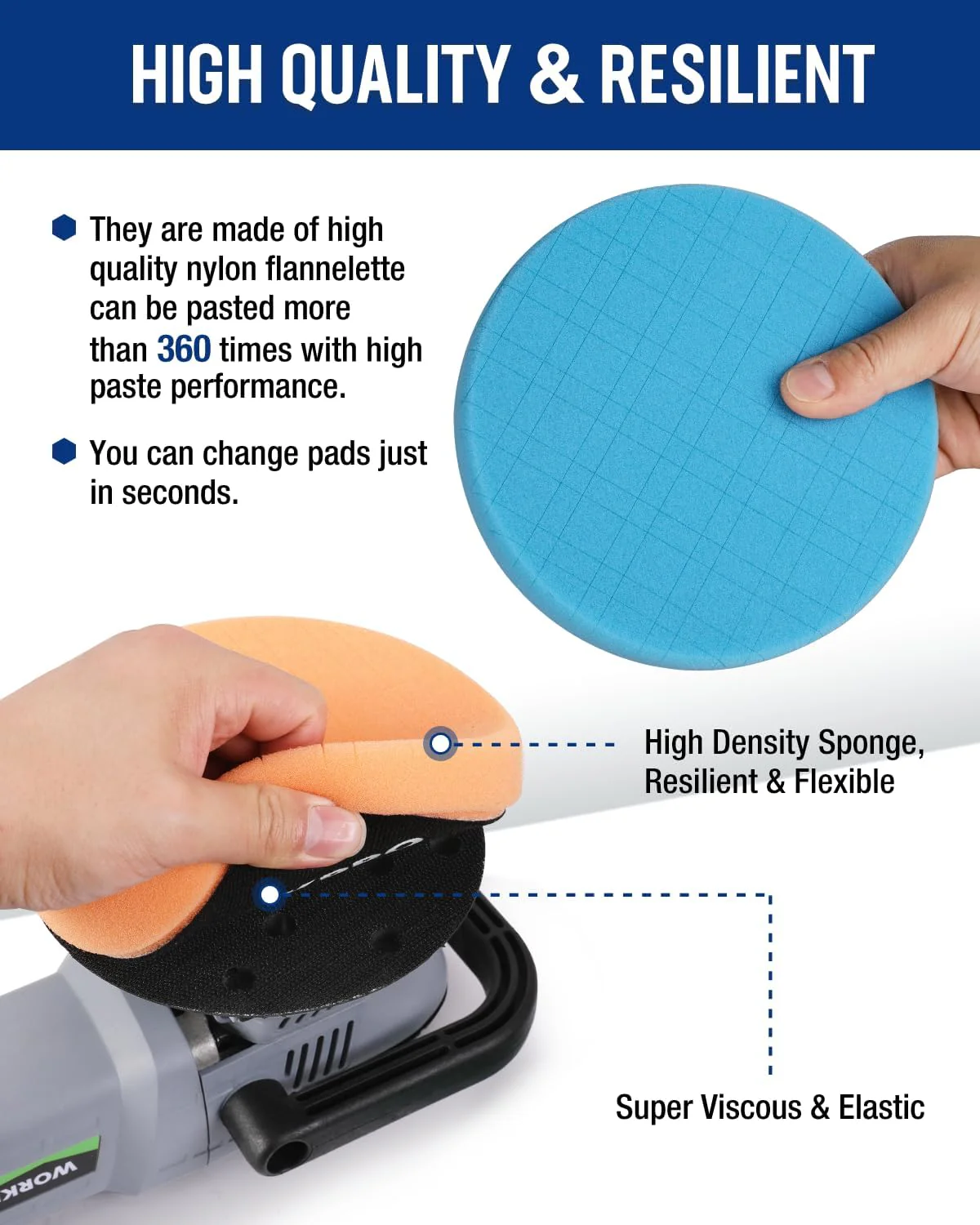 WORKPRO 6.5 Inch Buffing Sponge Pads, 5Pcs 6.5 Inch Face for 6.5 Inch Backing Plate, Cutting Polishing Pad Kit for Car Buffer Polisher Compounding, Polishing and Waxing - Image 3