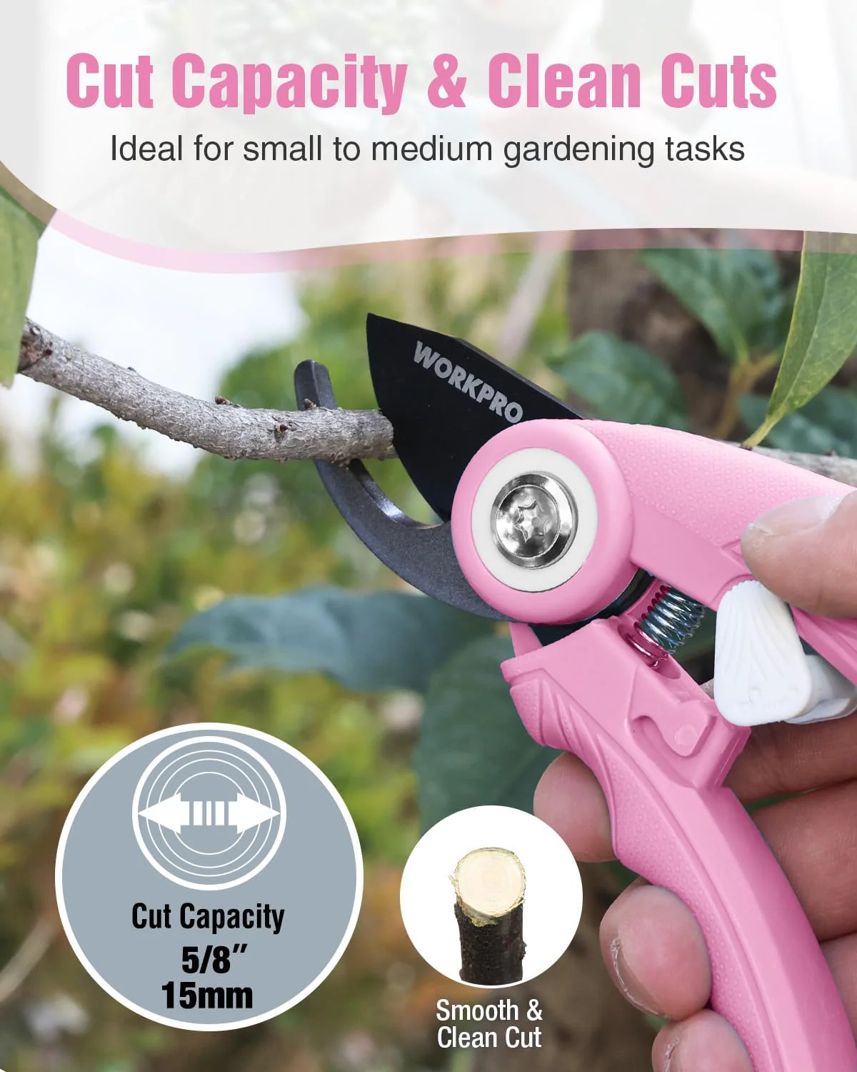 WORKPRO 6.9" Bypass Pruning Shears, Garden Shears with Sharp SK5 Steel Blade, Handheld Garden Floral Clippers Gardening Scissors for Rose, Plants, Flowers, Gardening Gifts for Women & Men-Pink Ribbon - Image 5