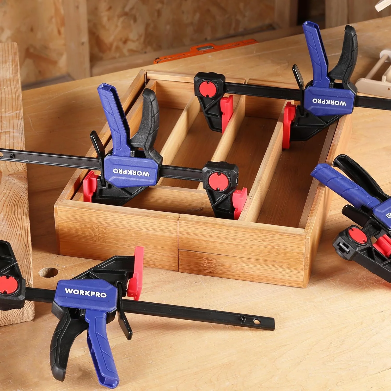 WORKPRO 6" Bar Clamps for Woodworking, One-Handed Clamp/Spreader, Light Duty Wood Clamps Set, Quick-Change F Clamps with 150LBS Load Limit, 4 Pack - Image 7