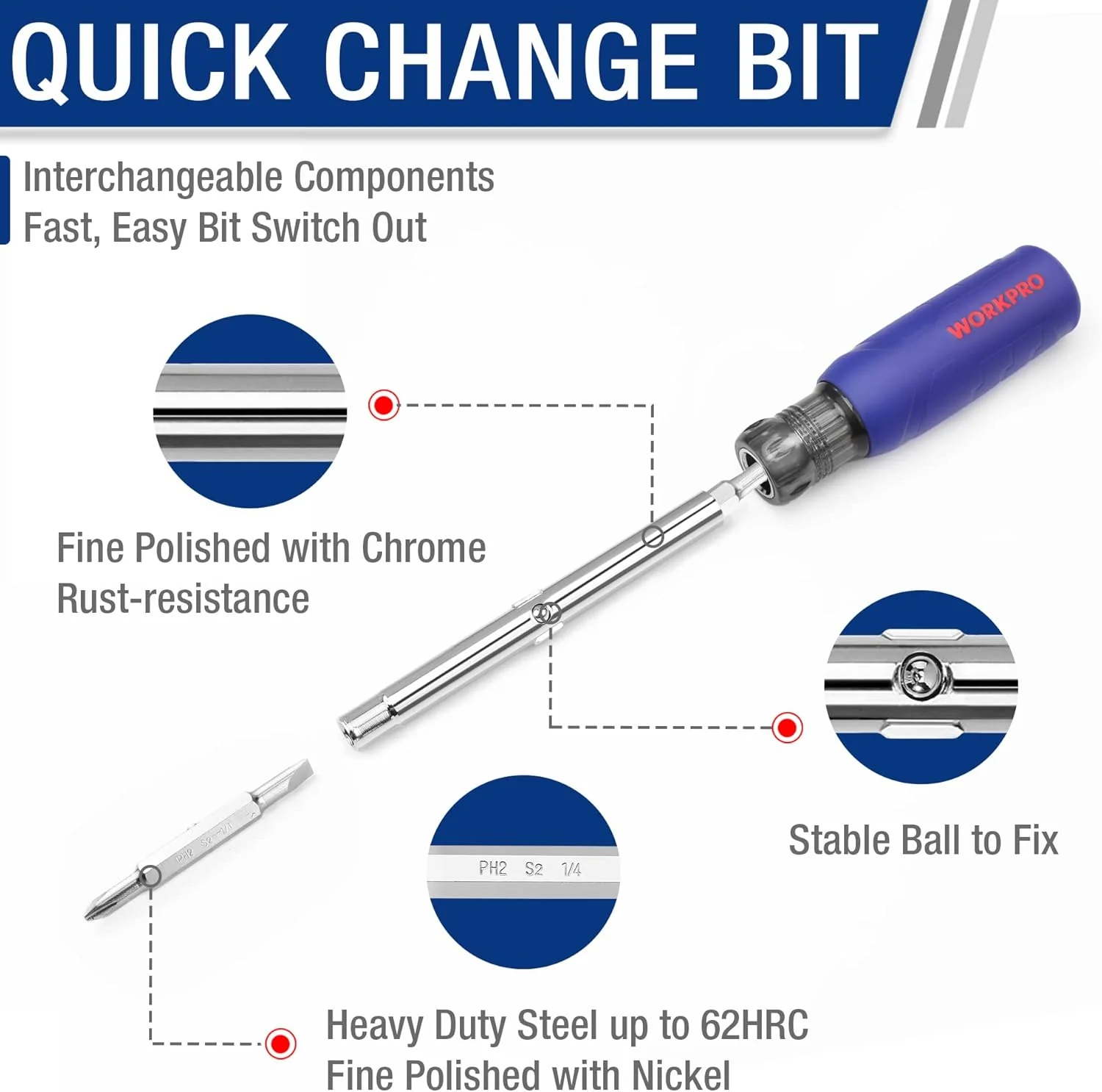 WORKPRO 6-in-1 Basic & 4-in-1 Electronics Screwdriver/Nut Driver Set Tool Confort Grip, 2PCS Portable Screw-driver, 8 Basic & Precision Bits (Philips/Slotted), 2 Nut Driver Sizes - Image 4